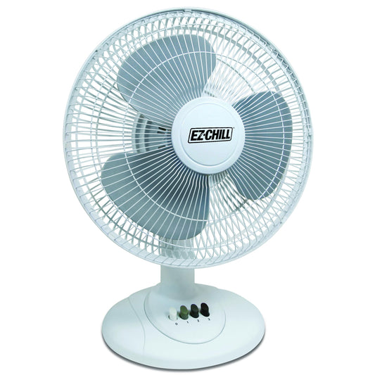 EZ-Chill 12” 3-Speed Oscillating Table Fan with Adjustable Tilt, Convenient Push Button Controls, Quiet Operation, White, SB-MTSH05