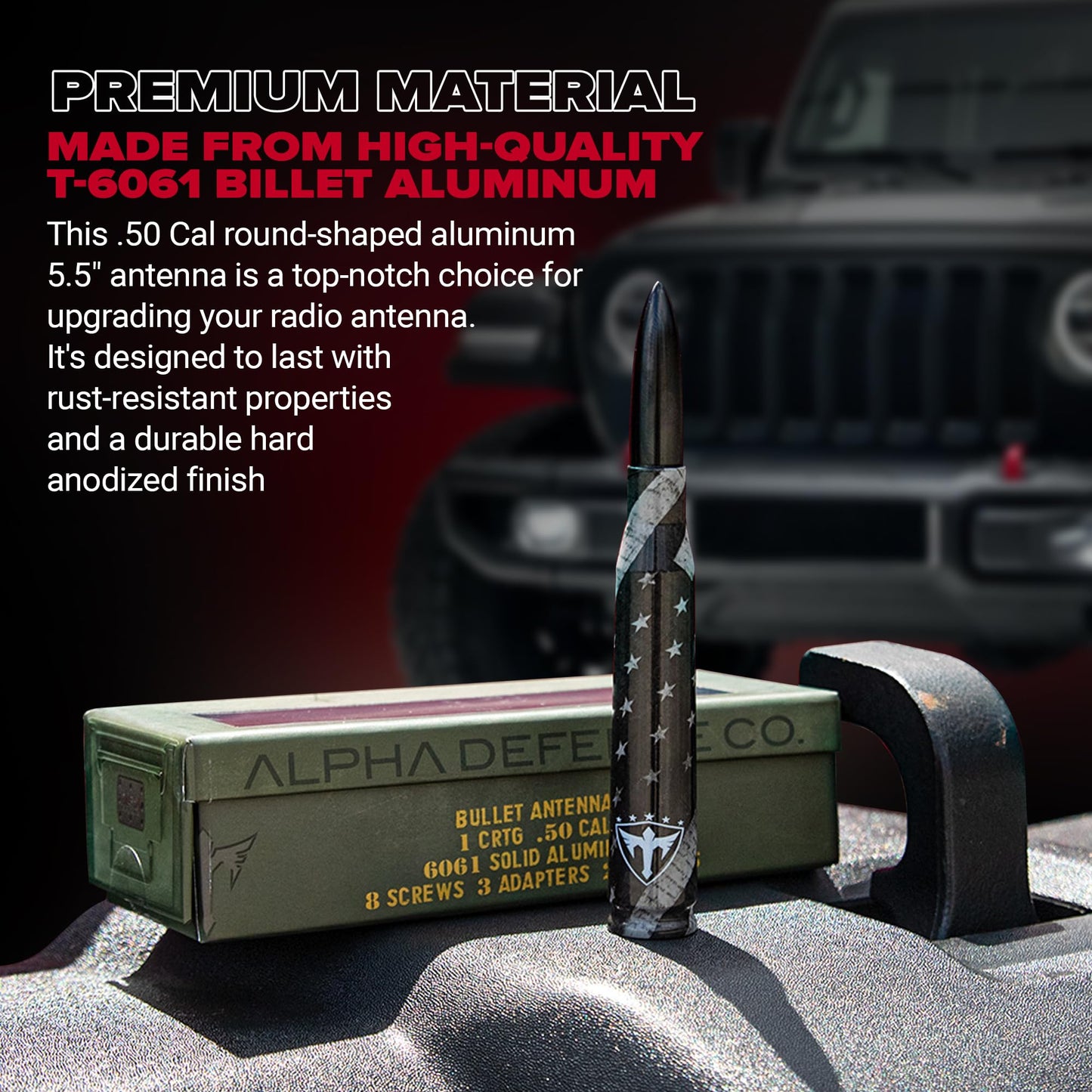 Alpha Defense Round Style Antenna 50 Cal Round Shaped Aluminum Rust Resistant 5.5" Jeep Wrangler + Most Trucks Radio Antenna + Face Shield Alpha