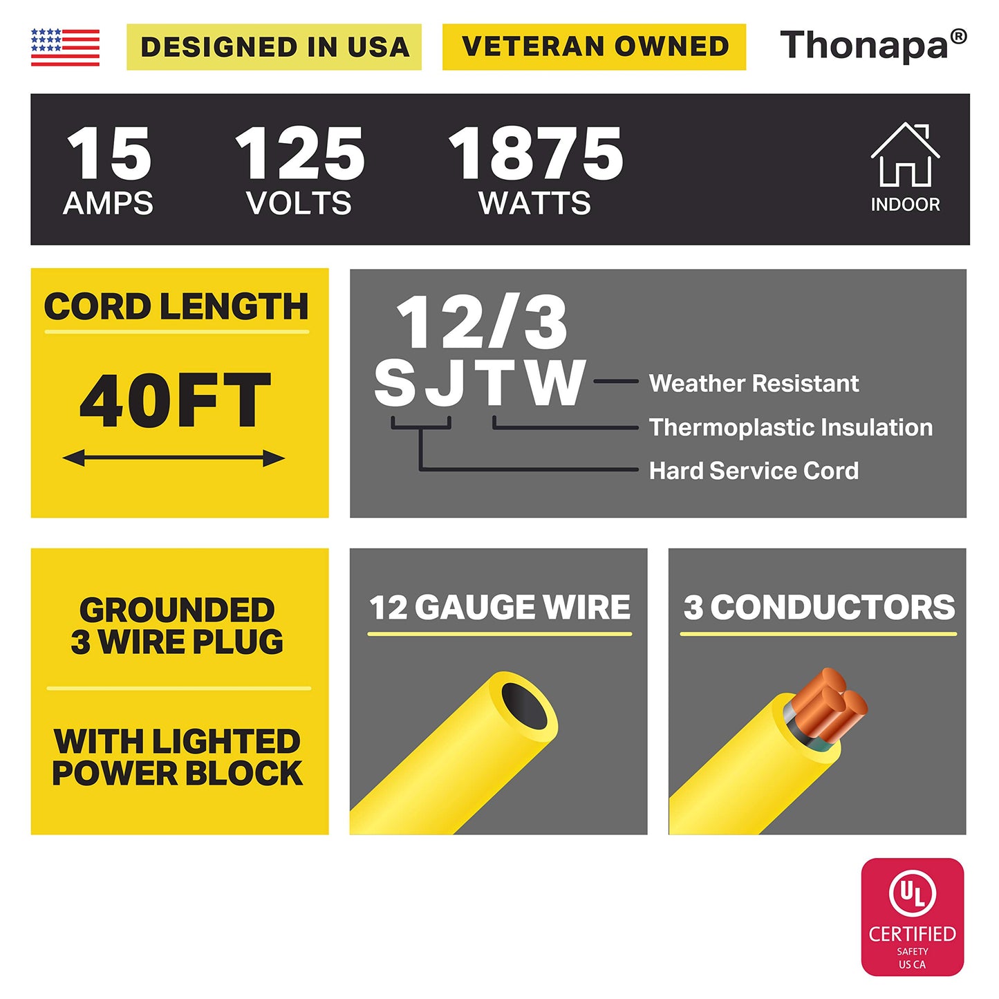 Thonapa 40 ft Retractable Heavy Duty Extension Cord Reel 3 Outlets - 12 Gauge Heavy Duty Yellow Power Cable with Multiple Outlets 15 Amp SJTW