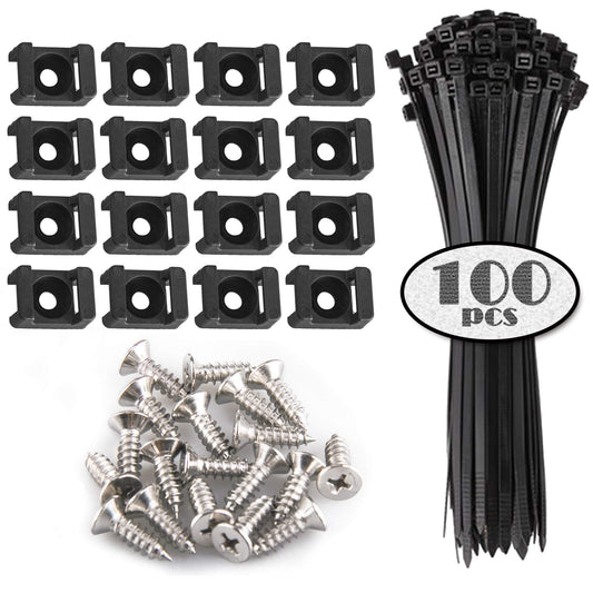 100 Pieces Cable Tie Mount Base Saddle Type Mount Wire Holder, 100 PCS Cable Zip Ties with Self-Locking (150 x 3.5mm) and Deep Thread Pan Head Screws