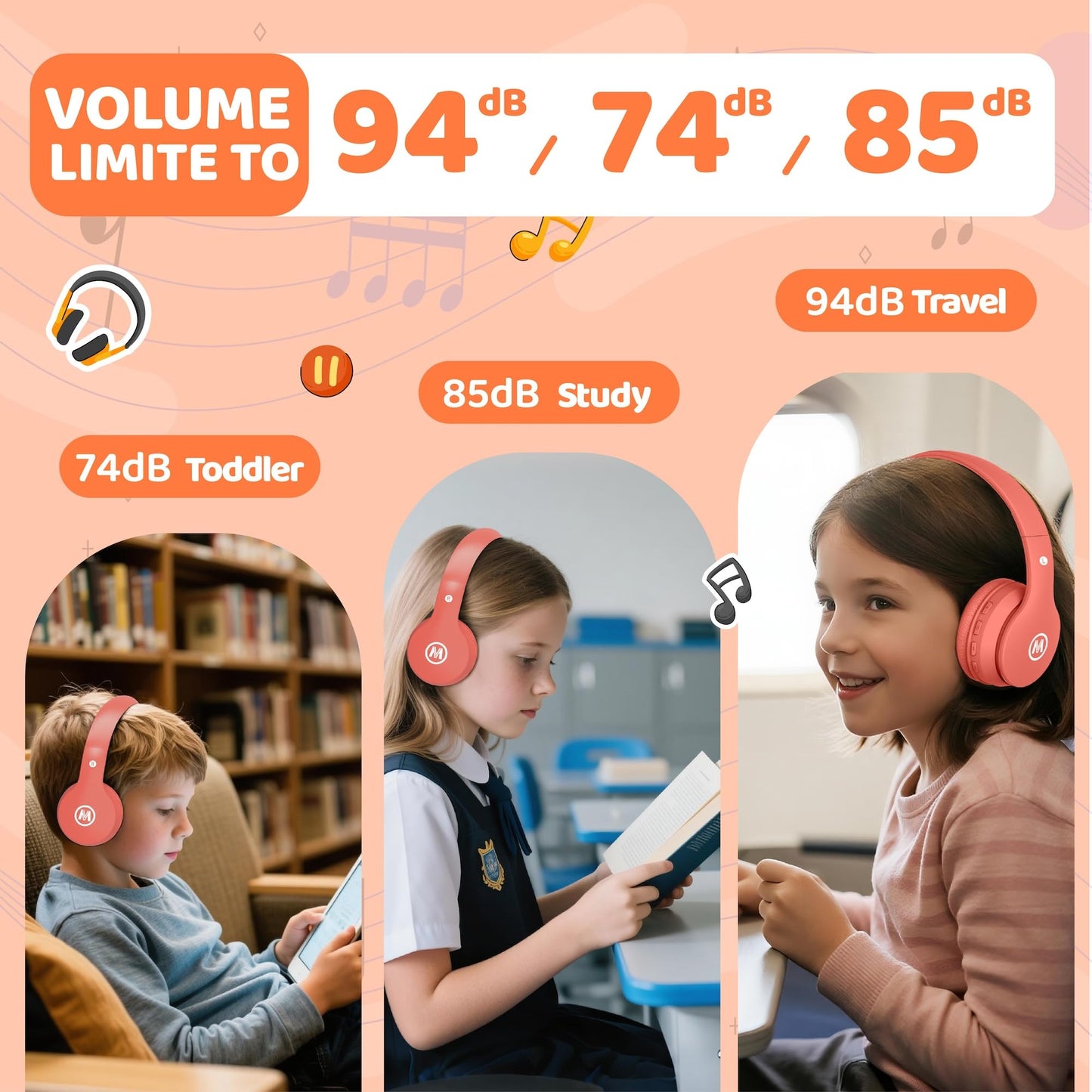Mokata Headphones Kids Bluetooth 5.4 Wireless Play Time 68H Safe Volume Limit 85/94dB Over-Ear Foldable Headset,Fast Charging,with Aux Cord Built-in…