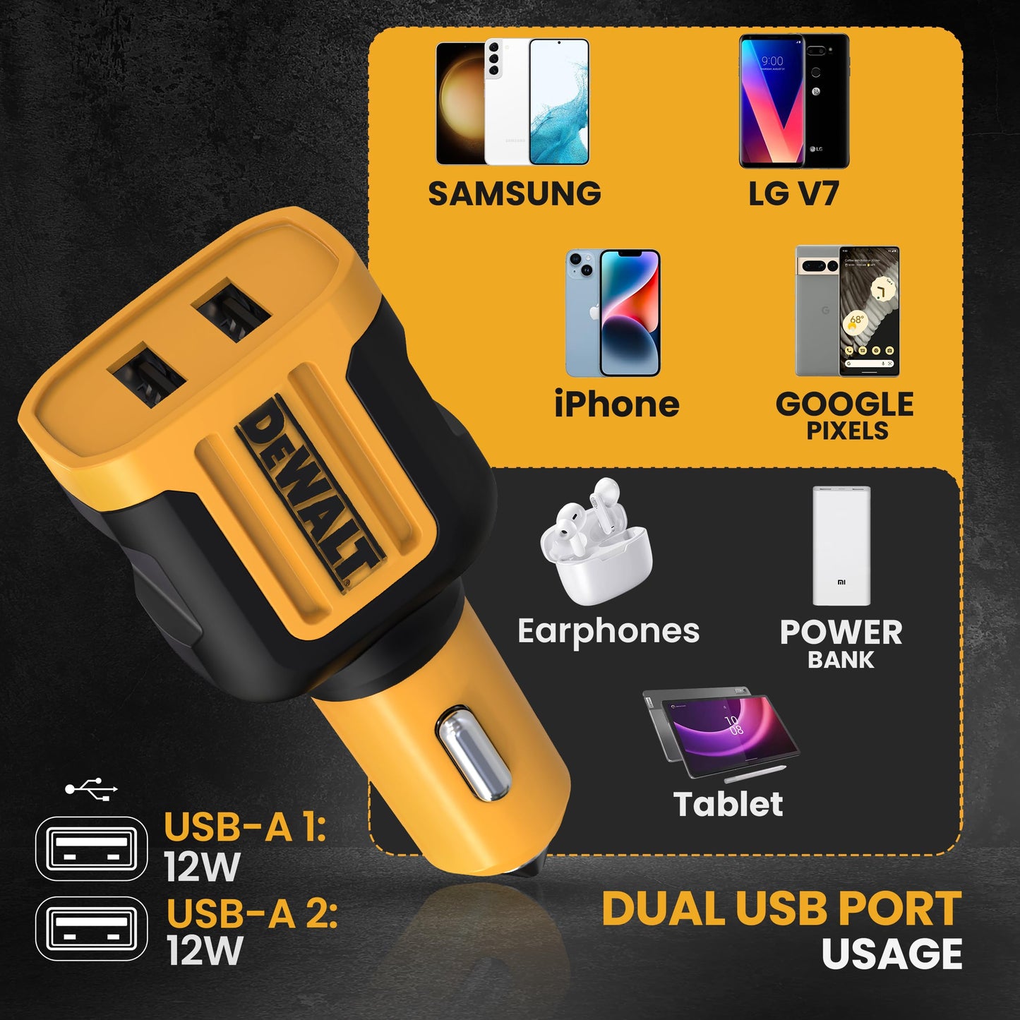 DEWALT Heavy Duty 24W USB Car Charger Adapter, Cigarette Lighter Adapter USBA Charger, Fast Charging Car Lighter USB Adapters, Cell Phone Automobile