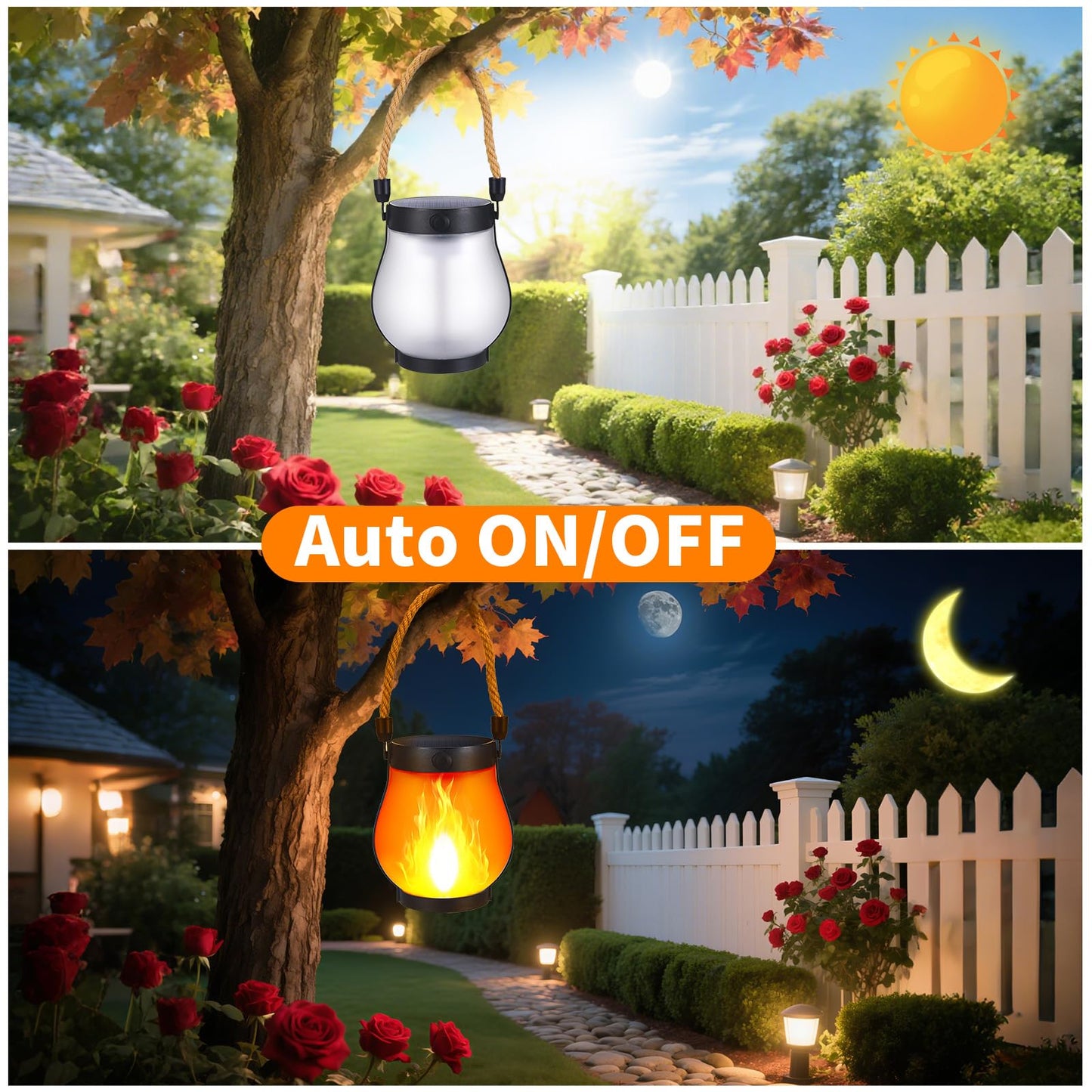 2 Pack Solar Flame Lantern Lights - Flickering Flame Hanging Lanterns Outdoor, Waterproof Garden Lights with 2 Modes Dual Charging USB & Solar Yard