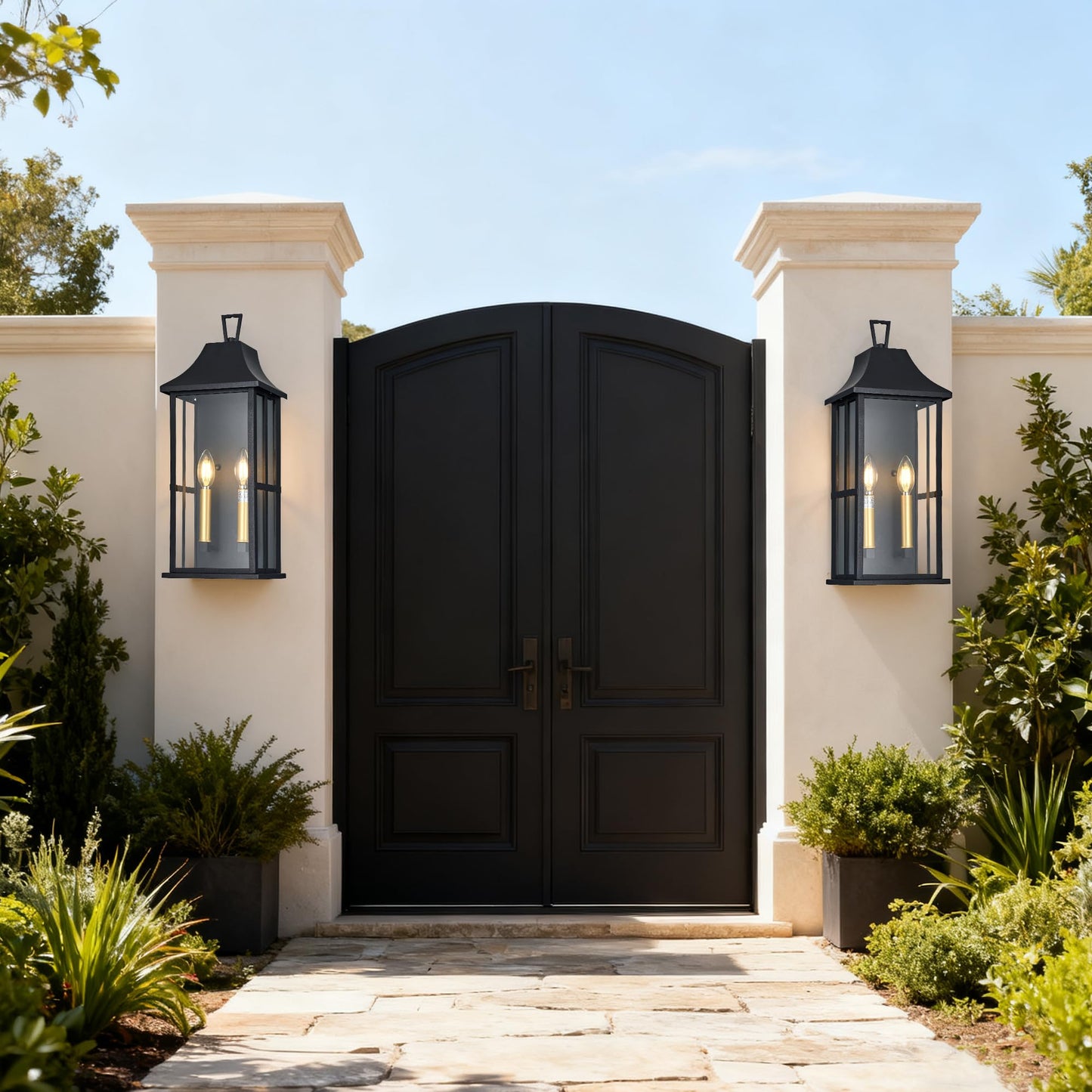 Outdoor Wall Sconce, 20.3" 2-Light in Black with Gold Rectangular Metal Frame and Clear Glass Shade Waterproof Porch Light Patio Light,Bulbs Not