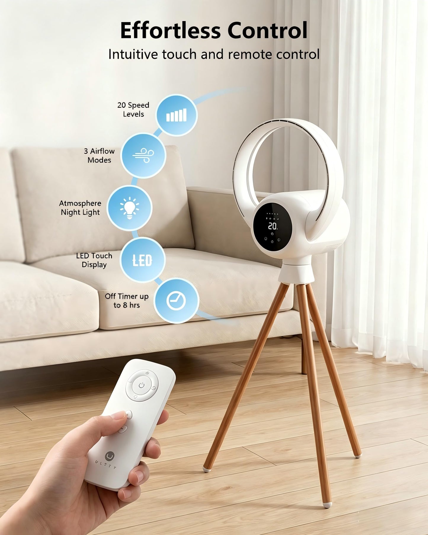 U ULTTY Bladeless Tower Fan for Bedroom, 25ft/s High-Speed Cooling Fan with 20 Speeds & 3 Modes, 270° Tilt & 90° Oscillating Quiet Standing Fan
