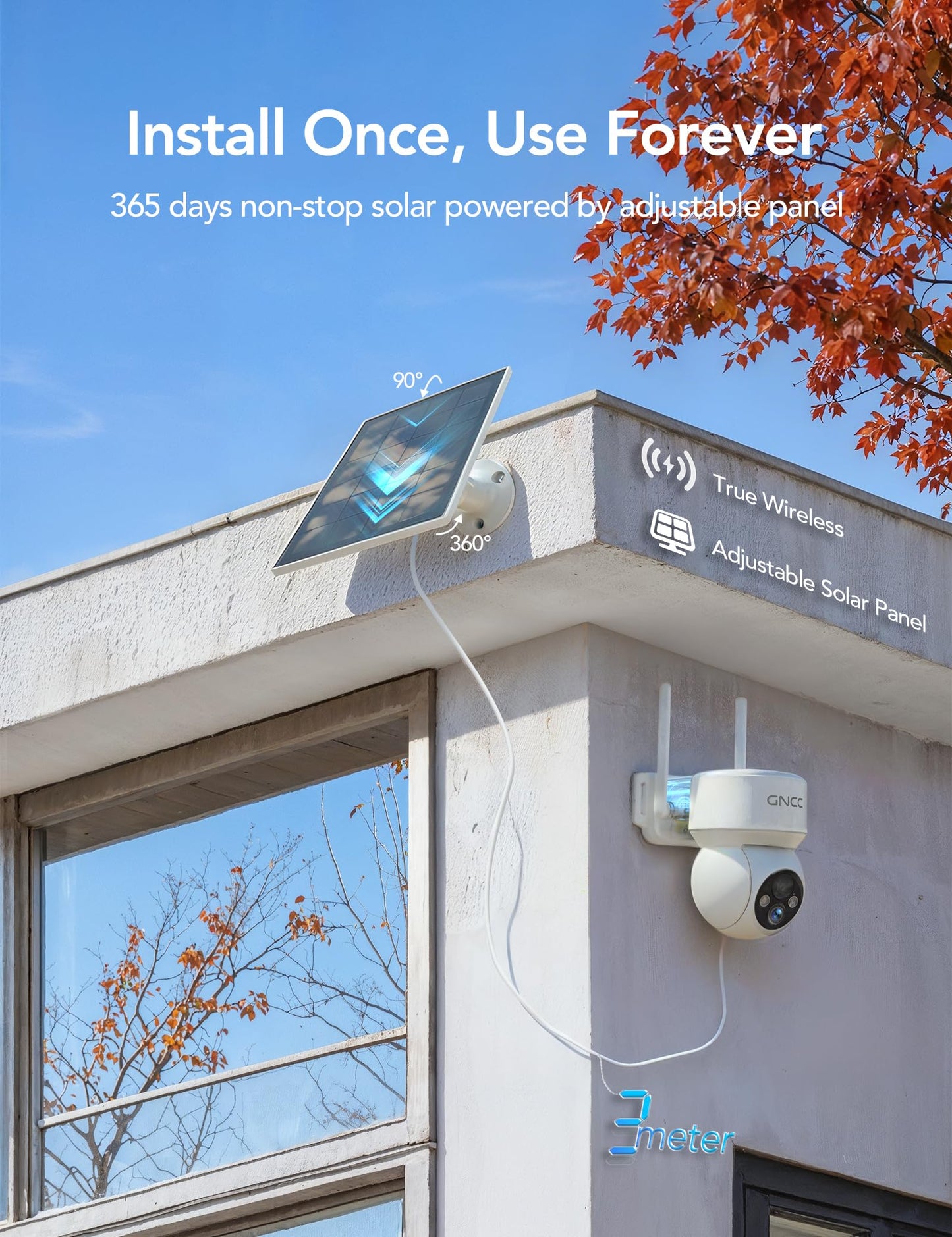 GNCC Solar Security Cameras Wireless Outdoor 2.4G WiFi, 360° View, Solar/Battery Powered, AI Human Detection, Color Night Vision, 2-Way Audio