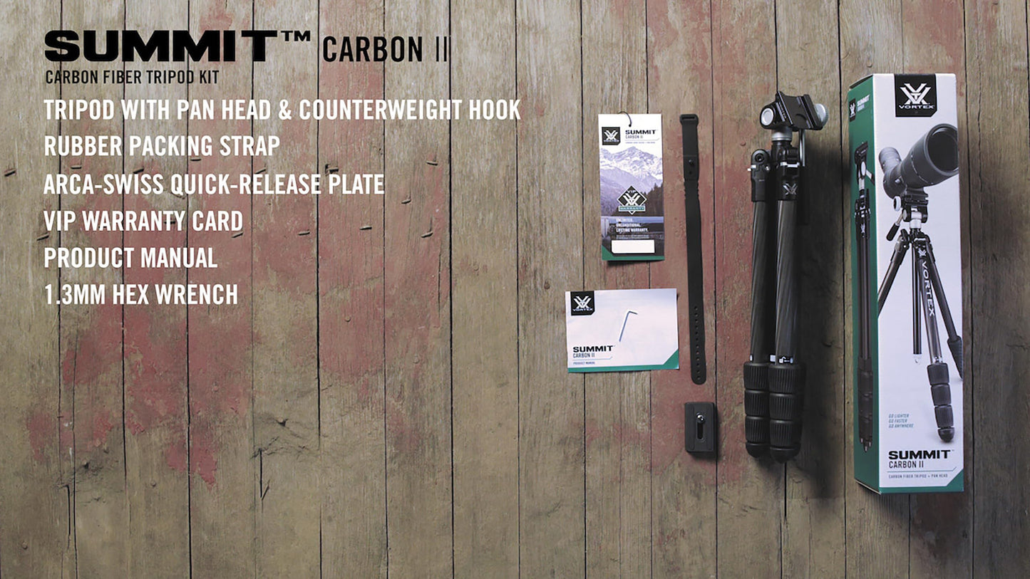Vortex Optics Summit Carbon II Tripod Kit - Light Weight Design, Carbon Fiber Tripod, 2-Way Pan Head, 22 lb Max Load, Rubber Feet - Unlimited