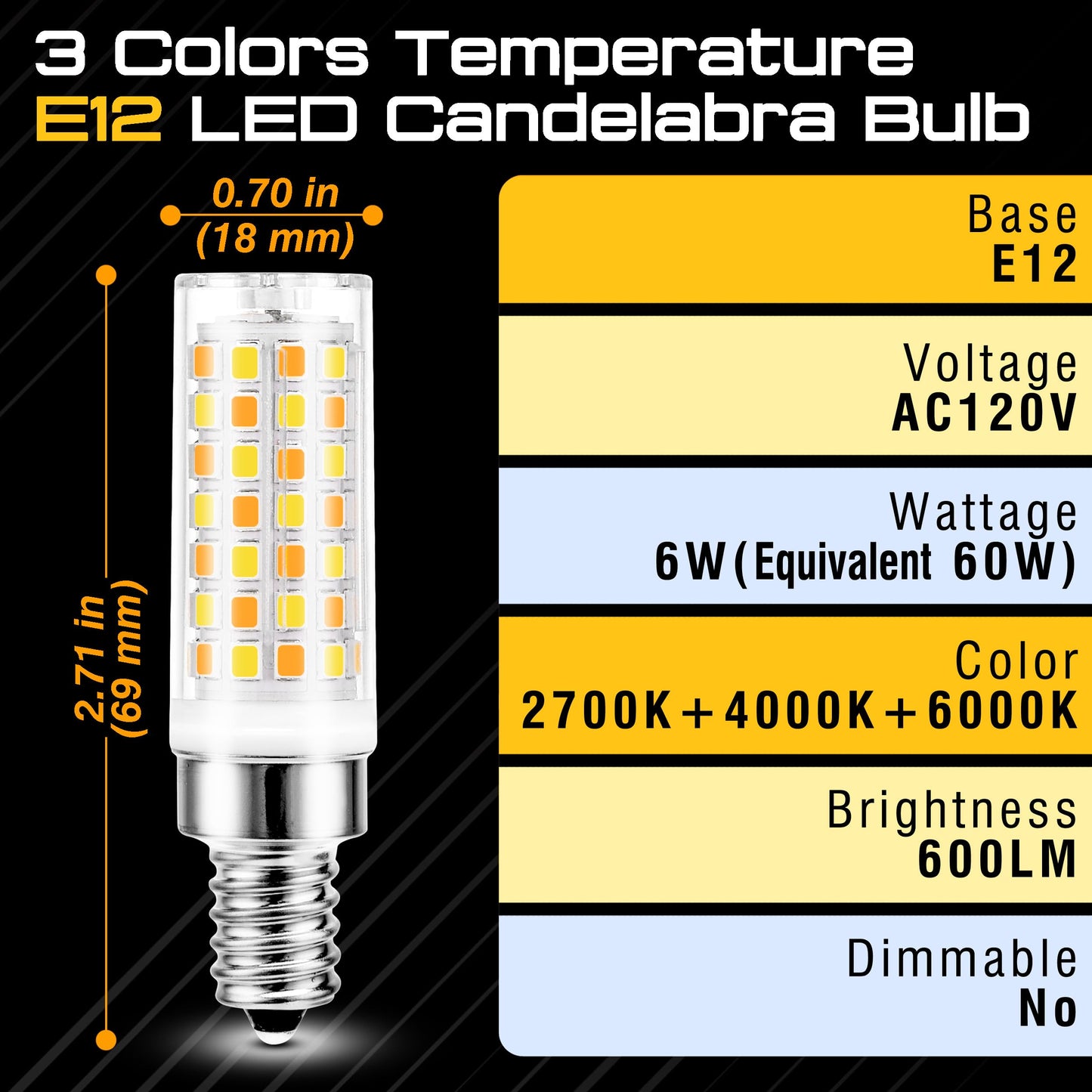 E12 LED Candelabra Bulb 60W Equivalent 3CCT Adjustable (2700K-4000K-6000K), AC120V 6W 600LM, 3 Colors Temperature Mode E12 C7 T6 Bulb for Night Light