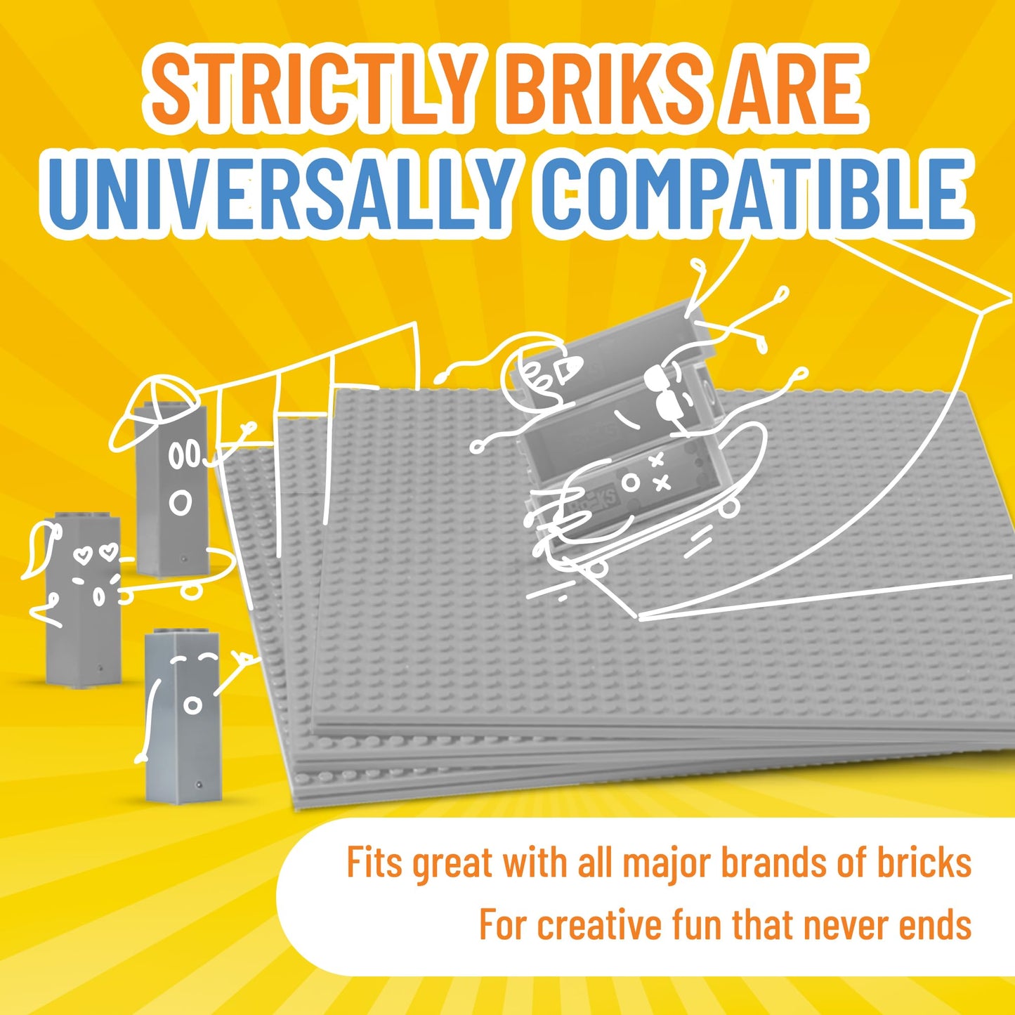 Strictly Briks 4-Pack Stackable Baseplates 10"x10" – Light Gray Plates with 30 Stackers, Compatible with Lego & Major Brick Brands