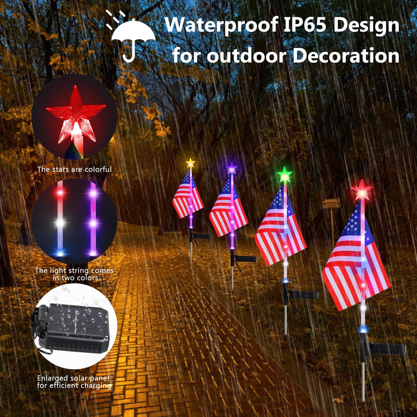 Kaitesla 4PCS Christmas American Flag Solar Patriotic Lawn Lights, Garden Stake LED Landscape Pathway Lights for Independence Day Memorial Day