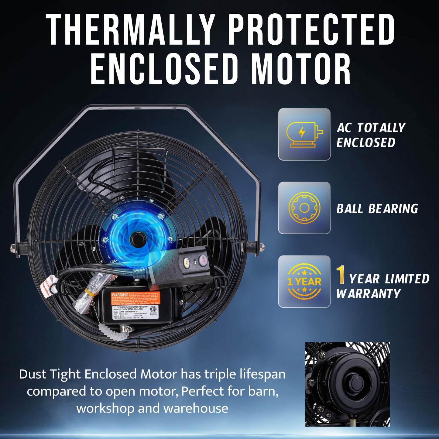 Tornado 12 Inch Outdoor Rated IPX4 Water-Resistant High Velocity Metal Industrial Wall Mount Fan For Commercial, Industrial, Residential, TEAO Motor 3
