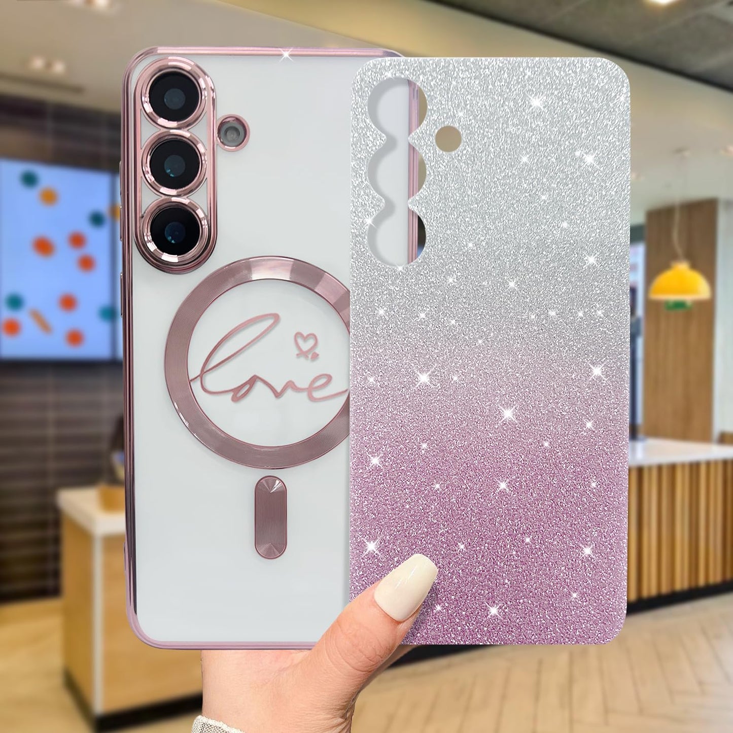 ZONRW for Samsung Galaxy S26 Case Magnetic,for Women Girl Soft Cute Luxury Love Heart Plating Bling Gradient Glitter Clear Phone Case Compatible