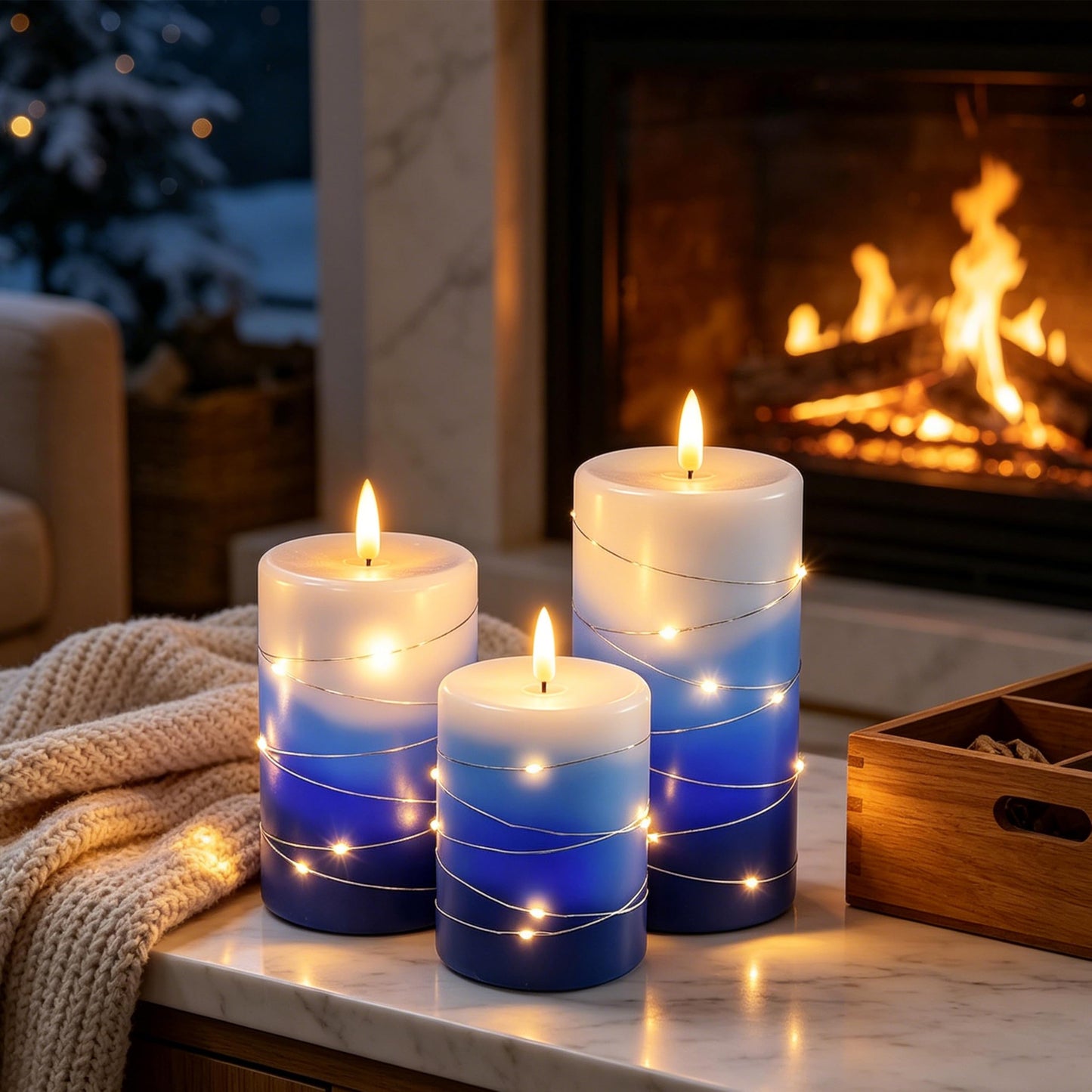 haitanghua Blue Flameless Candles Set of 3, Real Wax with Remote Timer