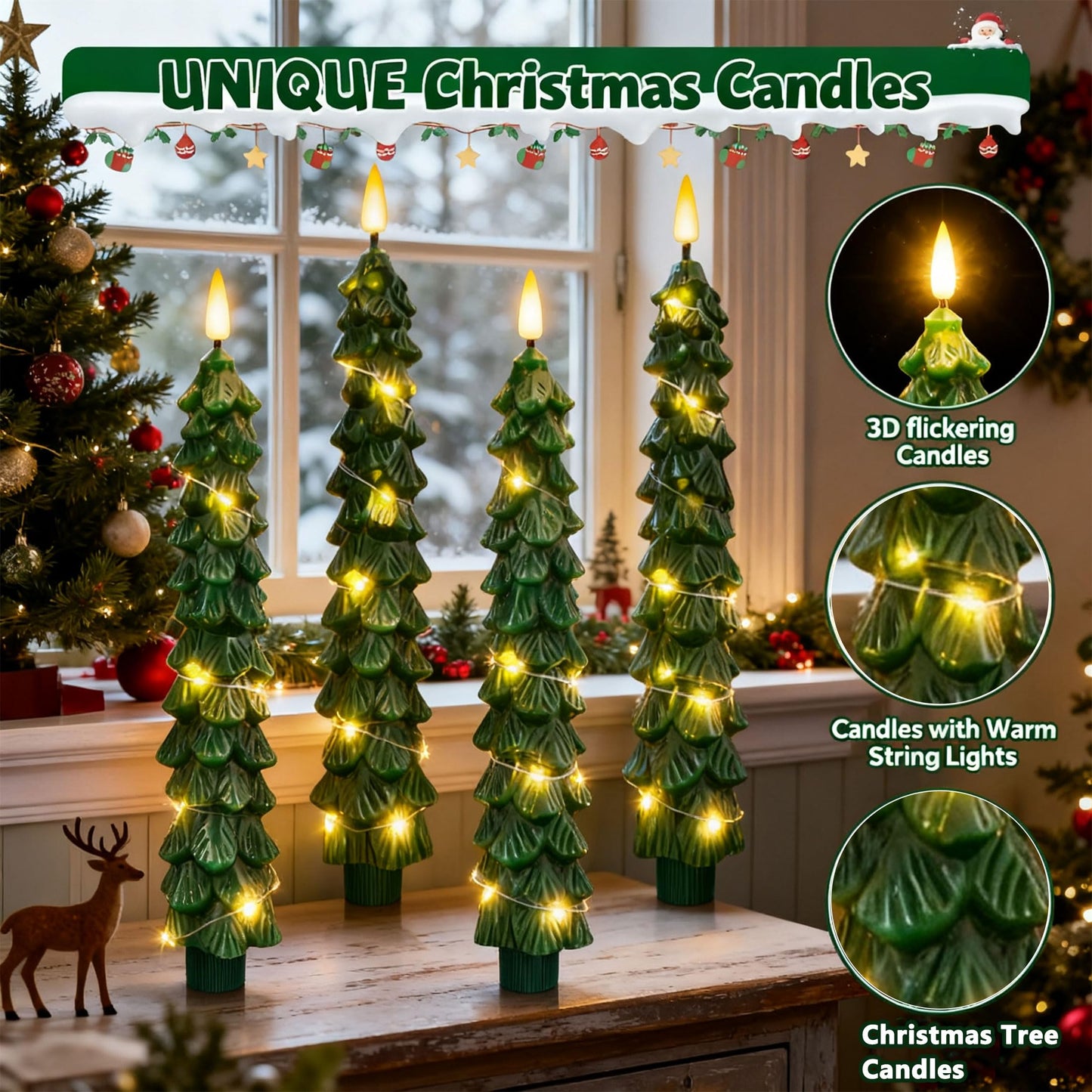 Qaeshi Christmas Tree Candles with Warm String Lights, LED Taper Candles with Remote Timer, Battery Operated Candle, 3D Flickering Christmas Flameless