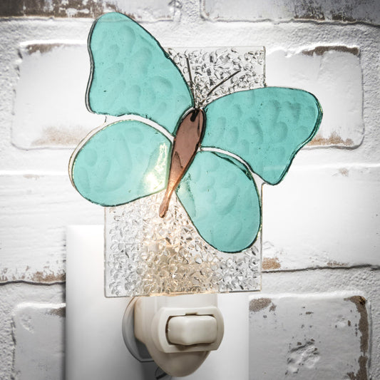 J Devlin Aqua Butterfly Night Light, Handcrafted Stained Glass