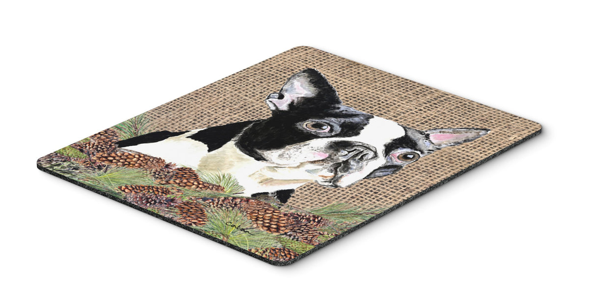 Caroline's Treasures SC9051MP Boston Terrier Faux Burlap and Pine Cones Mouse Pad, Hot Pad or Trivet for Home Office Gaming Working Computers Laptop