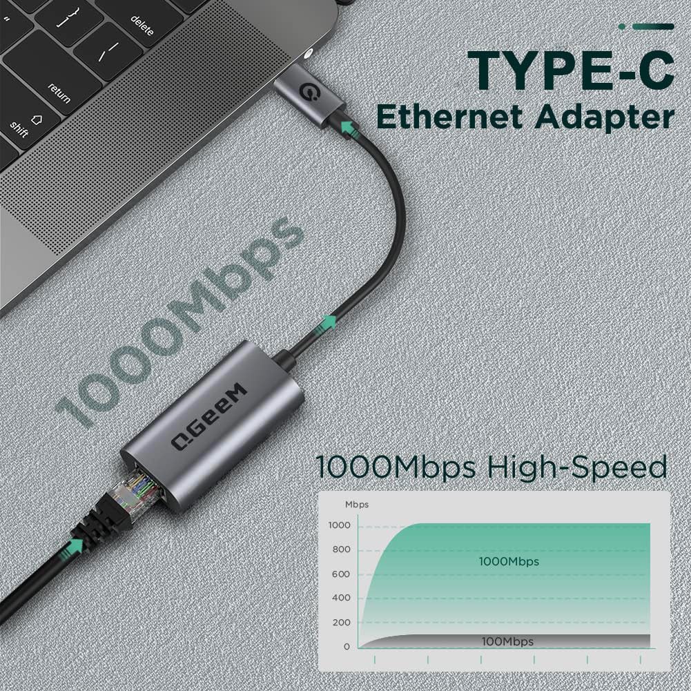USB C to Ethernet Adapter, QGeeM Gigabit Ethernet to USB Type C, Thunderbolt 3/4 to RJ45 LAN Network Adapter Compatible for iPhone 15 Pro/max, MacBook