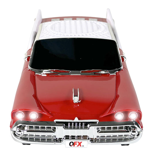 QFX Bluetooth 1959 Retro Classic Car Speaker, Dual 2-inch Speakers, Hands-Free Link, Built-in Microphone, FM Radio, and LED Party Lights, Red