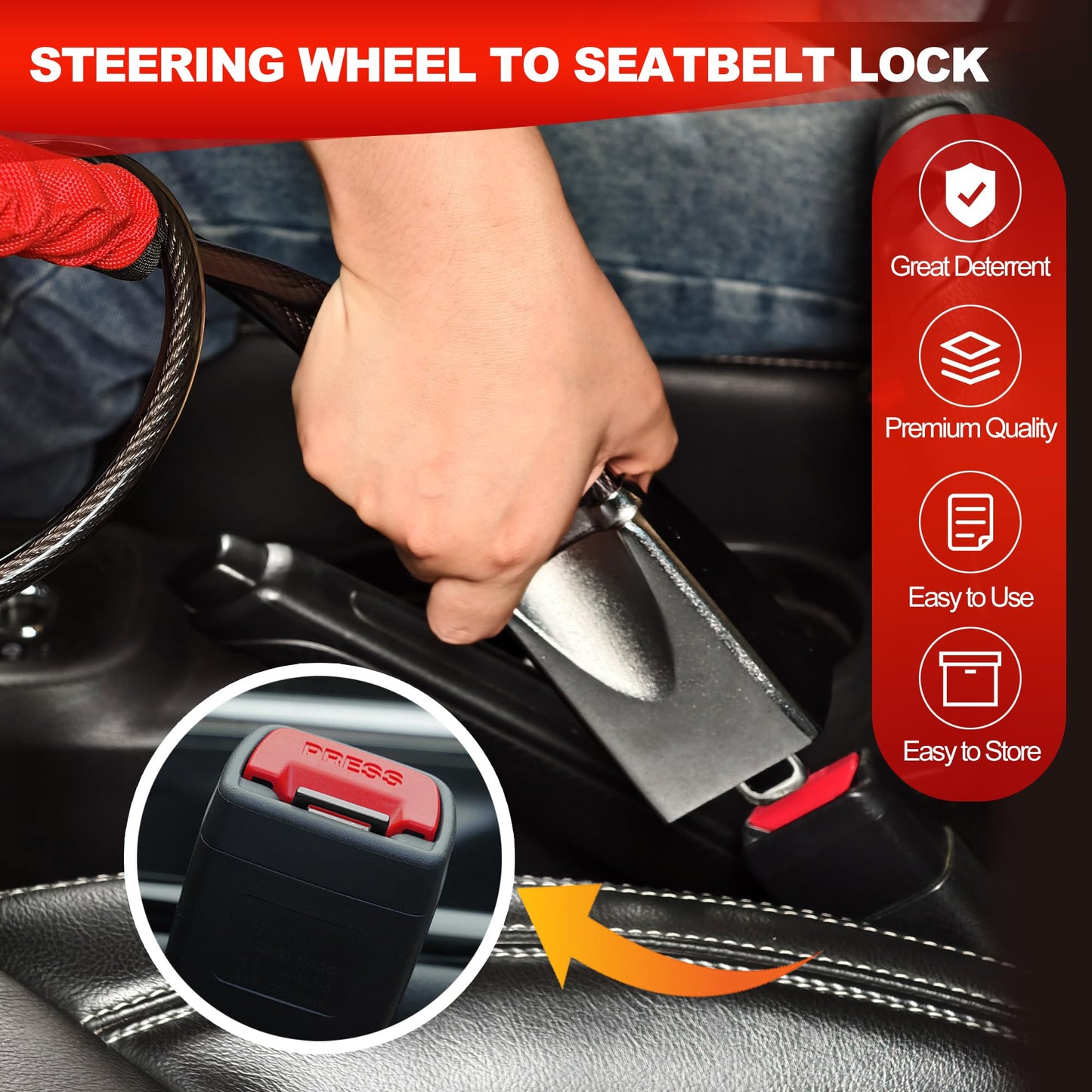 KAYCENTOP Car Steering Wheel Lock, Seat Belt Lock, Car Locks Anti-Theft Device with Aluminum Alloy Lock Housing, Max 17 Inch Length, High Visibility