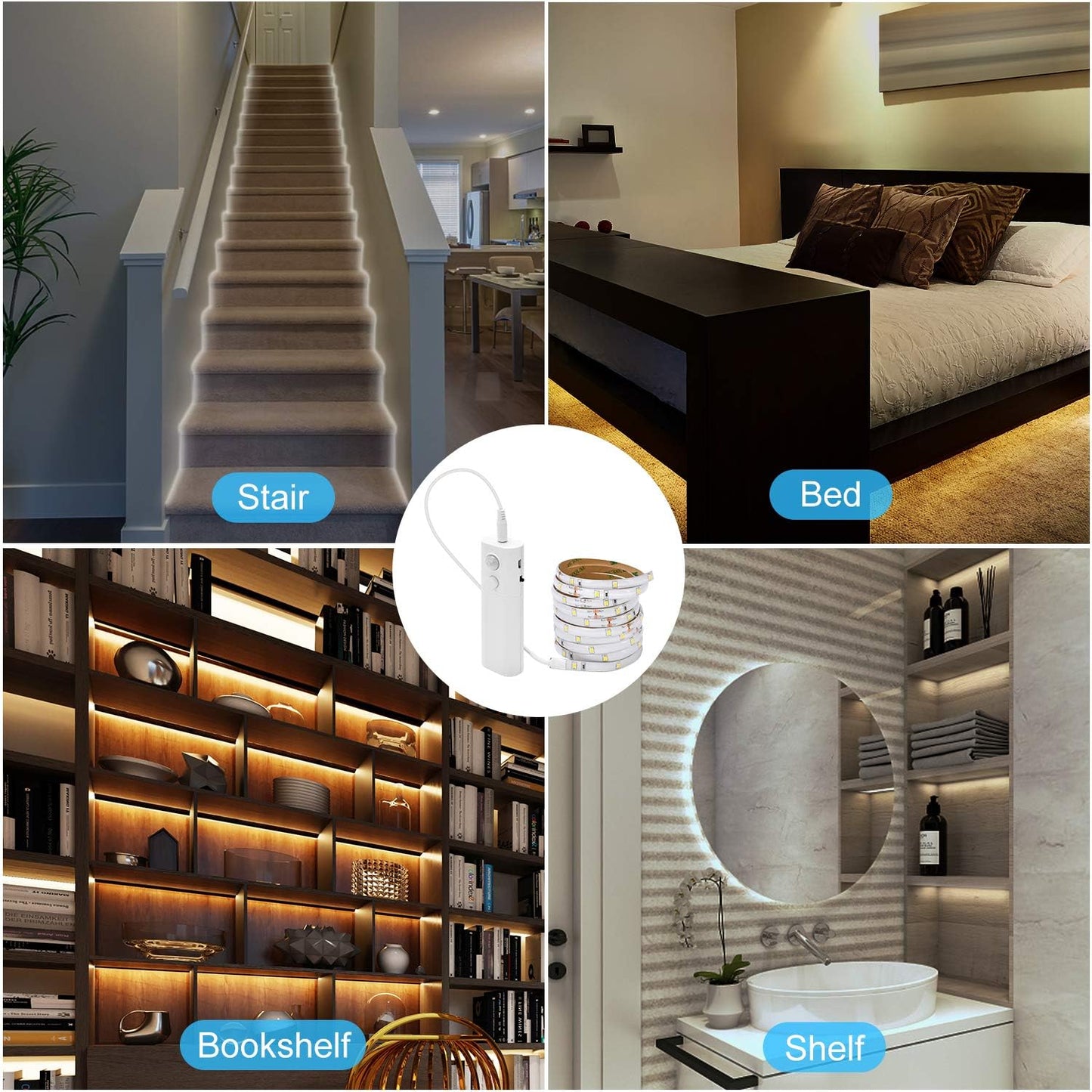 2 Pack Rechargeable LED Strip Lights with Motion Sensor - LUXJET 2M Cool White LED Closet Light Motion Activated, Under Cabinet Strip Light