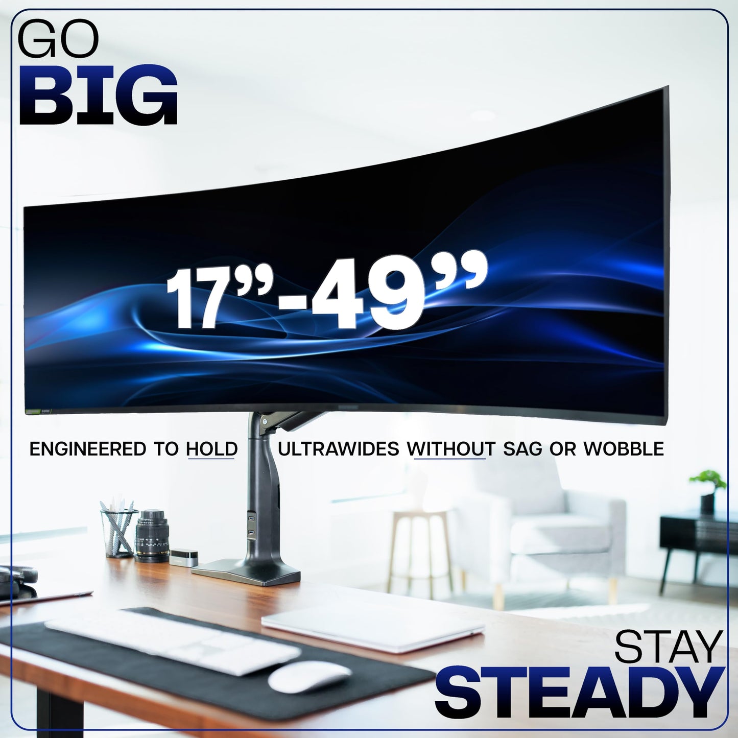 VIVO Aluminum Ultrawide Monitor Stand, Classic + USB, Fits up to 49 inch Screens, Single Articulating Pneumatic Arm, USB Ports, C-Clamp and Grommet