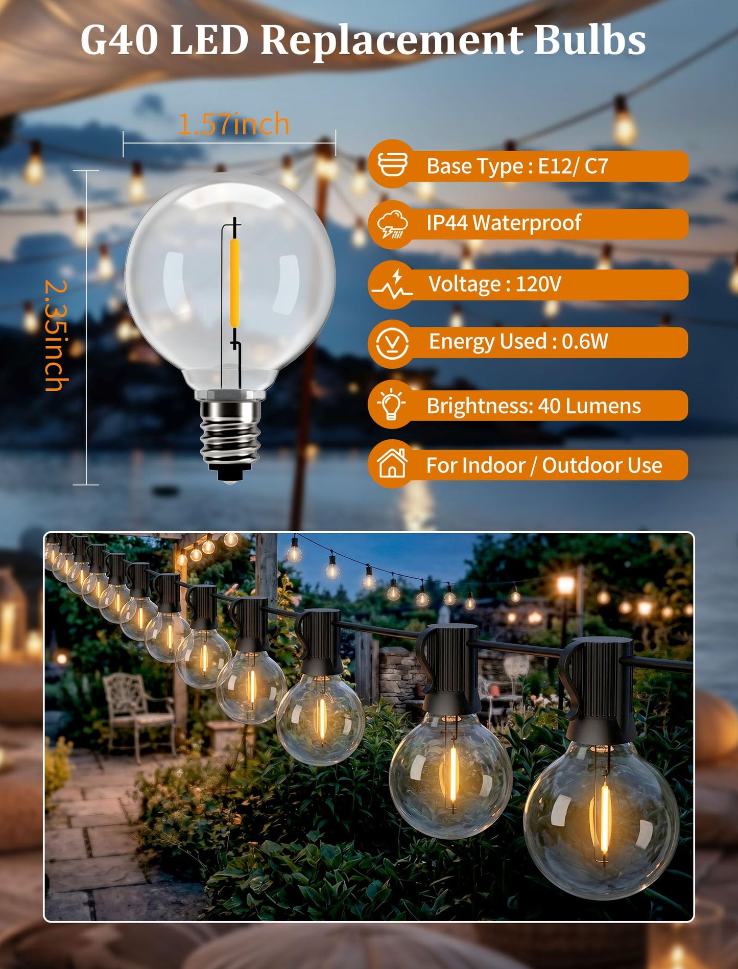 WHOLESEASON 25Pack G40 Led Replacement Bulbs, E12/C7 Candelabra Base