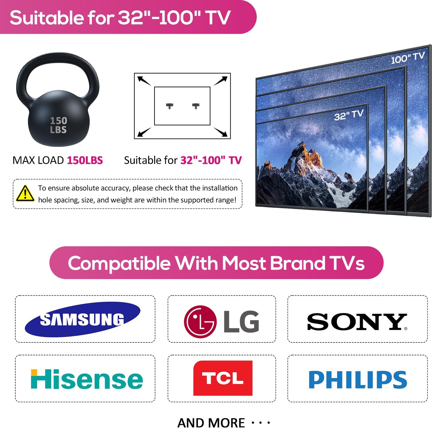 No Stud Ultra Slim Mount - Fits 32-100" TVs, 150lbs Max, LED/LCD Flat Screens & Monitors (Style 1)