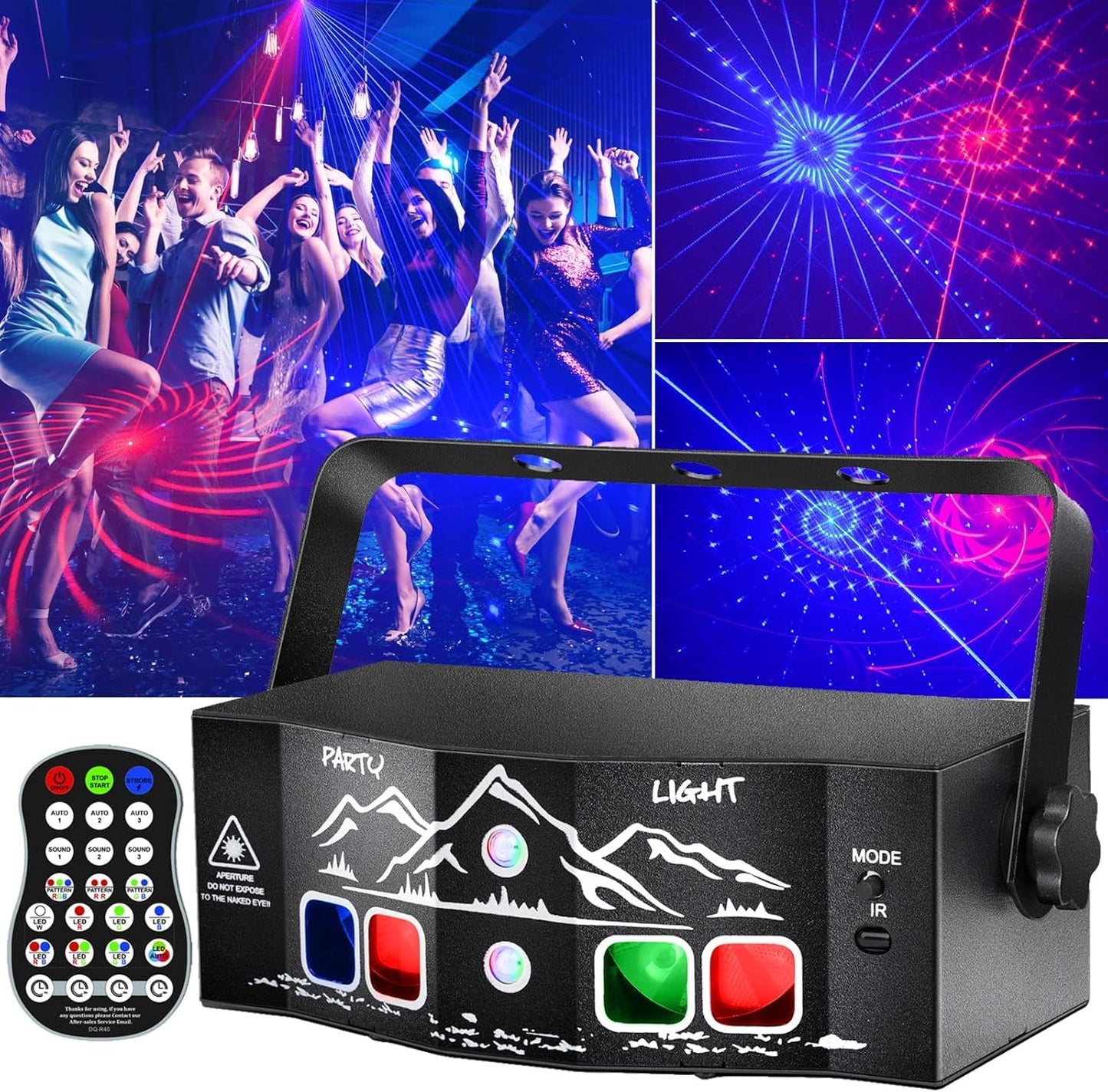 4-Lens Party Lights with Unique Blue Patterns - RGBW LED Background Strobe Light, Sound Activated DJ Stage Projector with Remote, USB Powered Rave