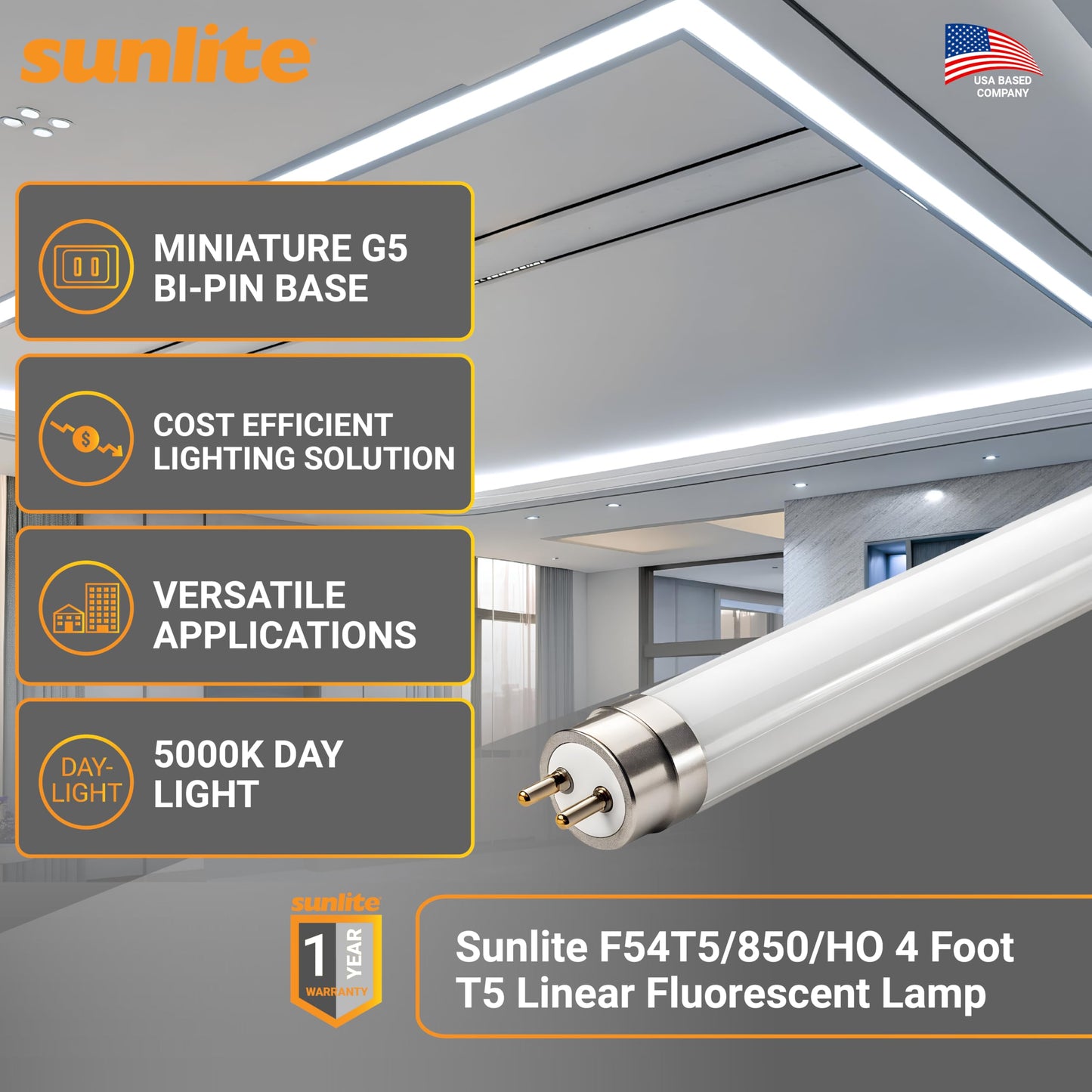 Sunlite F54T5/850/HO 4 Foot T5 Linear Fluorescent Lamp, 54 Watts, 5000 Lumens, 5000K Daylight, Miniature G5 Bi-Pin Base, ROHS Compliant, High