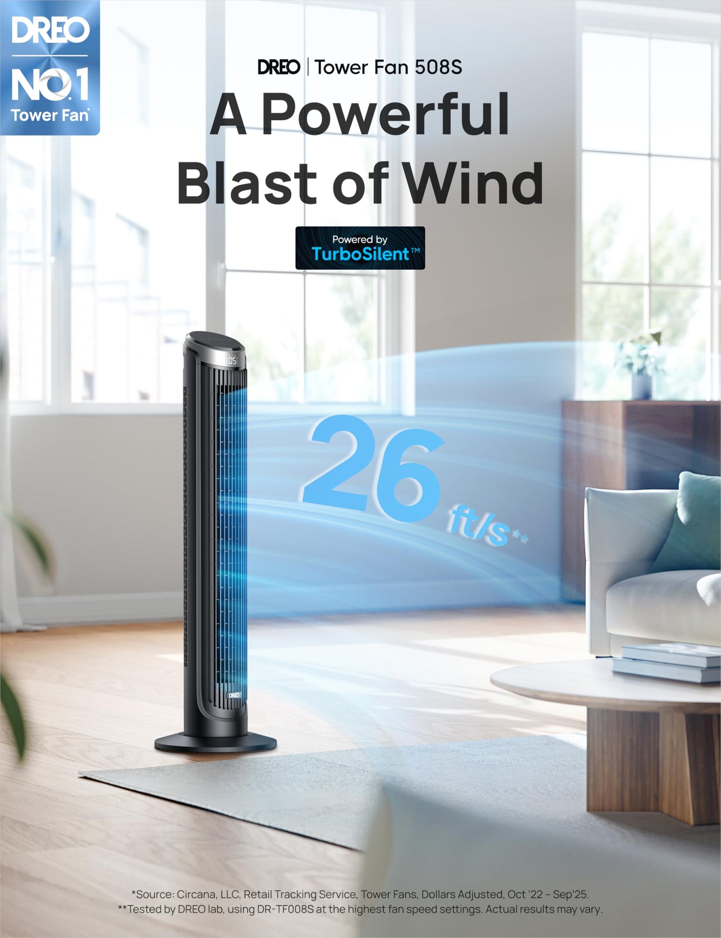 DREO Smart Tower Fan for Bedroom, 90° Oscillating Fan, 26ft/s Wind, 28dB