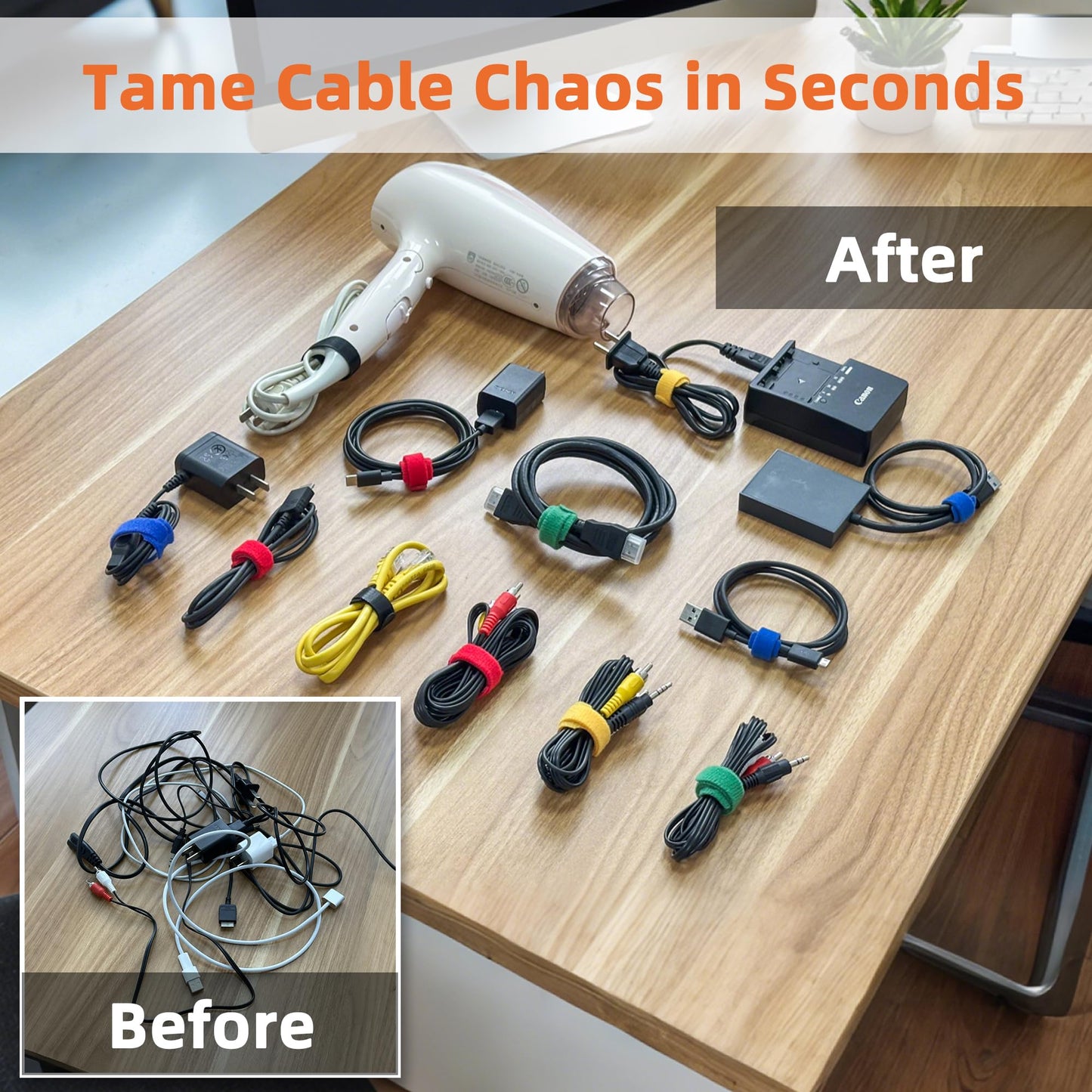 180 PCS Reusable Cable Ties with Hook and Loop, Multi-purpose Adjustable 8 Inch Cable Management Wire Ties Cable Straps for Organizing Home, Office