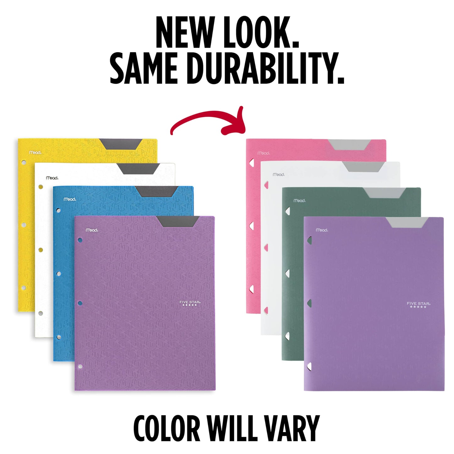 Five Star 2-Pocket Plastic Folder with Stay-Put Tabs, Fits 3-Ring Binder, Holds 8.5" x 11" Paper, Assorted Colors, 4 Pack (333420B)