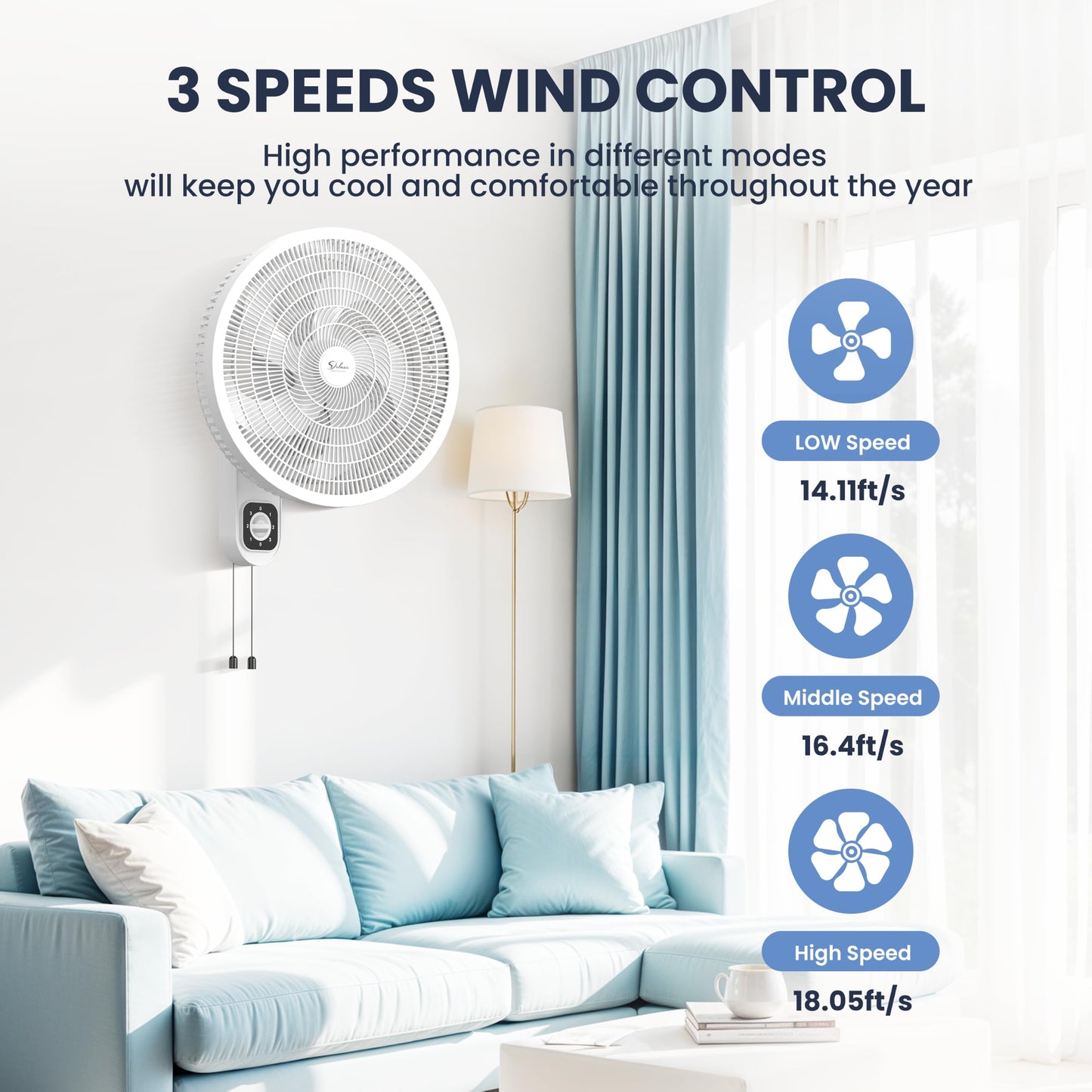 Simple Deluxe 16? Oscillating Wall Mount Fan, 3-Speed Mounted Fan Max 1350 CFM & 18ft/s Powerful Airflow, 80° Horizontal 30° Vertical Tilt, Pull Chain