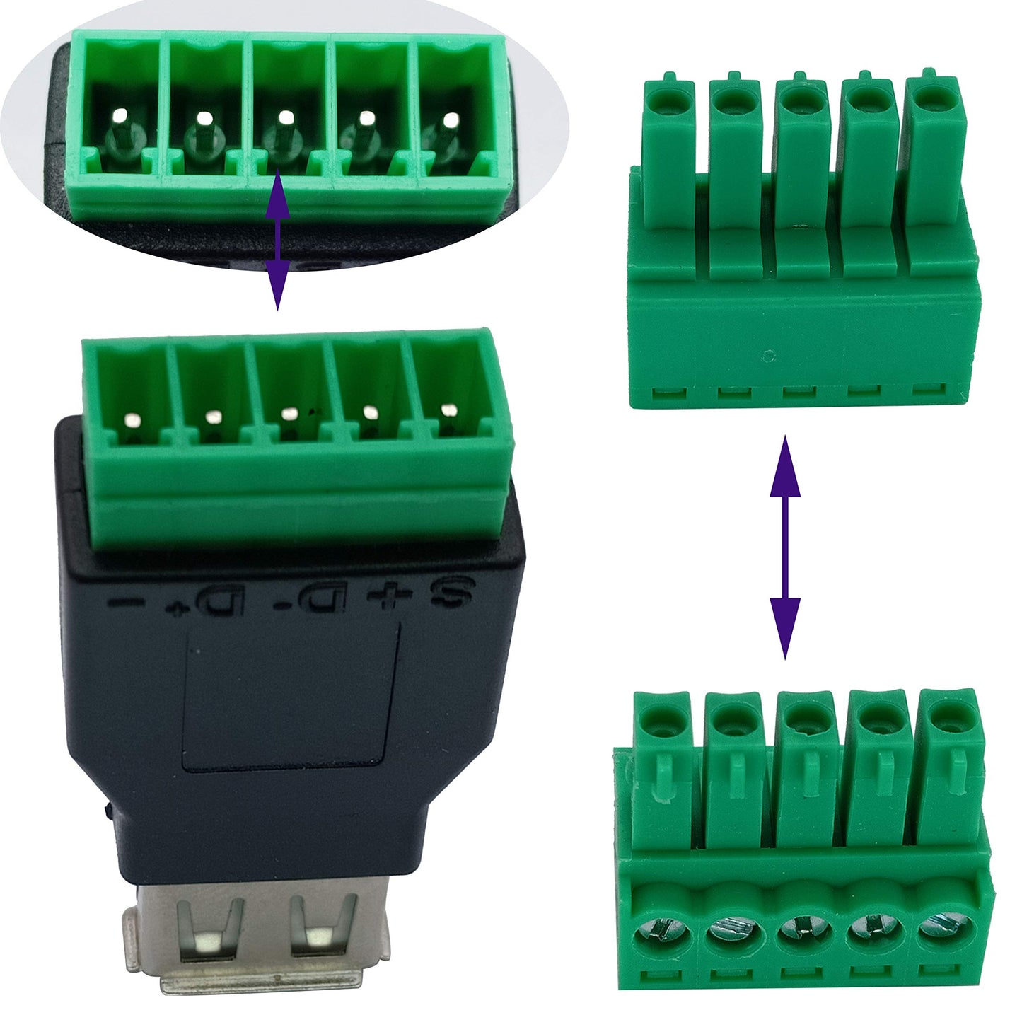 AAOTOKK USB 2.0 A Screw Terminal Block Adapter USB 2.0 A Female to 5 Pin/Way Female Bolt Screw Shield terminals Pluggable Type Adapter Connector