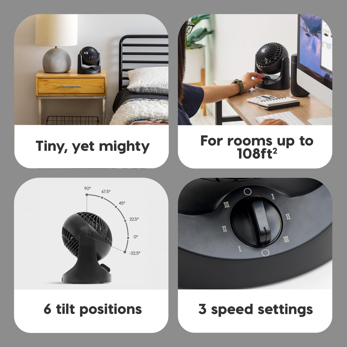 IRIS USA WOOZOO Mini Desk Fan, Dorm Bedside Office, Quiet, 112° Tilt, Black
