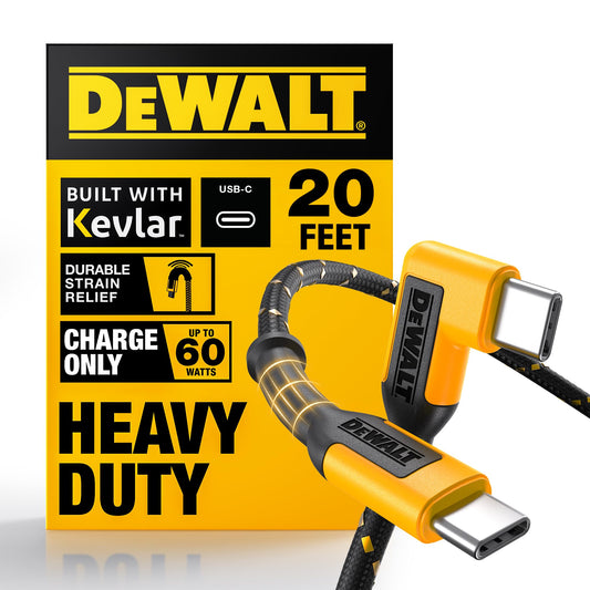 DEWALT Heavy Duty Extra Long USB C Cable (20 ft/6M), Fast 60W Type C Charging Cable, 90Degree Connector TypeC Charger Cord for Oculus Quest, PS5