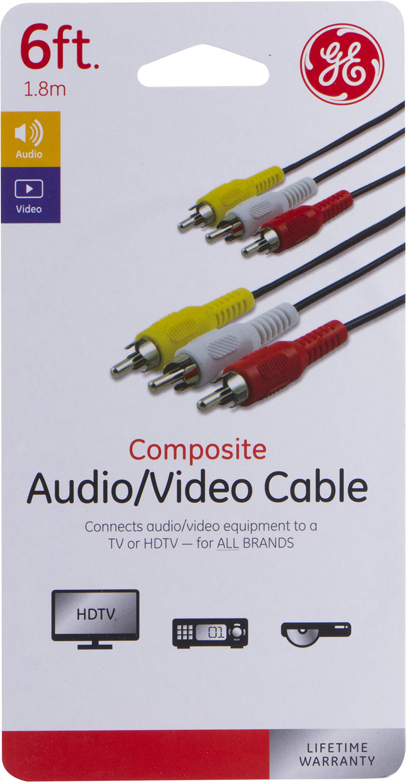 GE Composite Audio/Video Cable, 6 ft. RCA Style Plugs 3-Male to 3-Male, for TV, VCR, DVD, Blu Ray, Video Game System, Satellite, and Home Theater