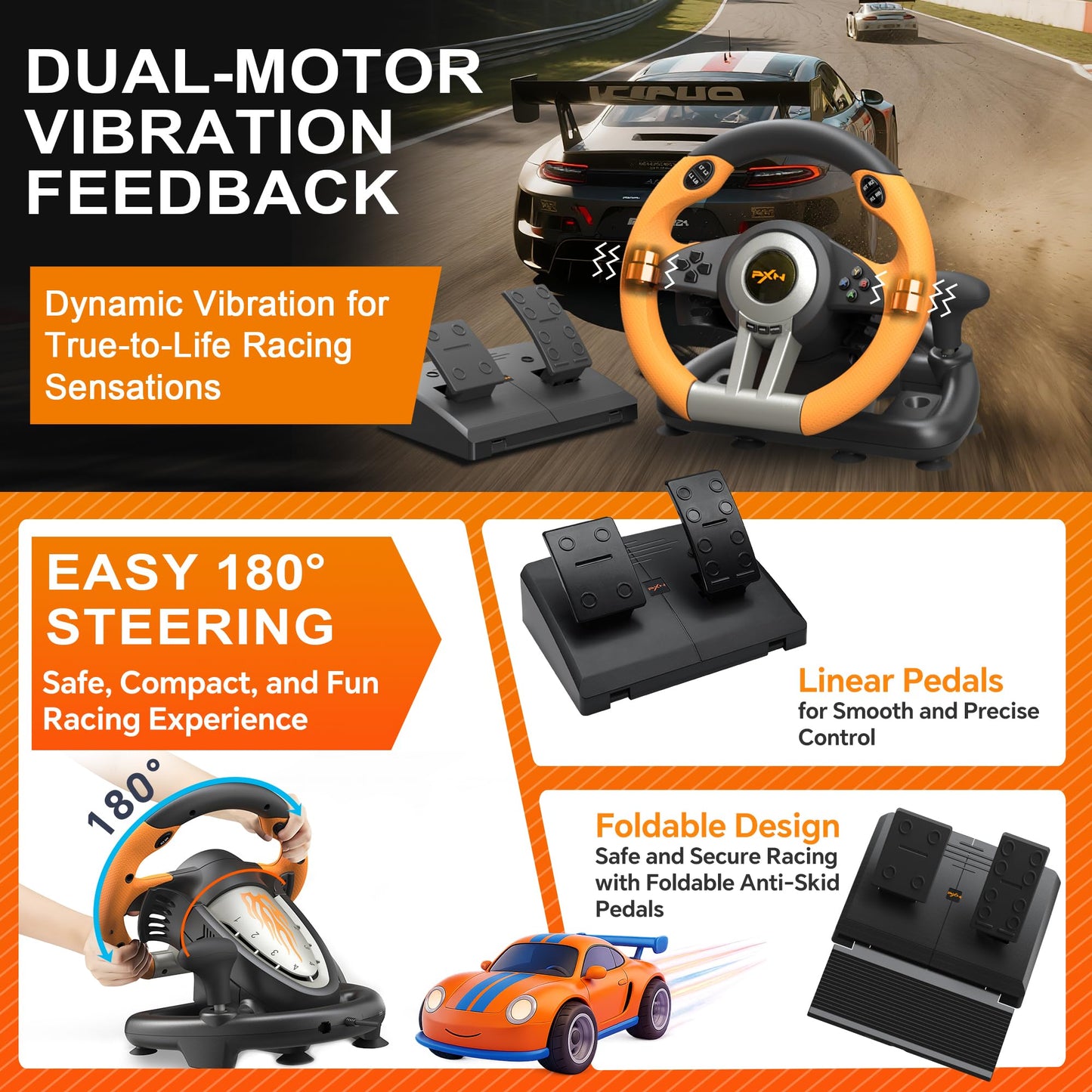 PXN PC Racing Wheel, V3 PRO 180 Degree Universal Usb Car Sim Race Steering Wheel with Pedals for PC, PS3, PS4, Xbox One, Xbox Series X/S, Switch