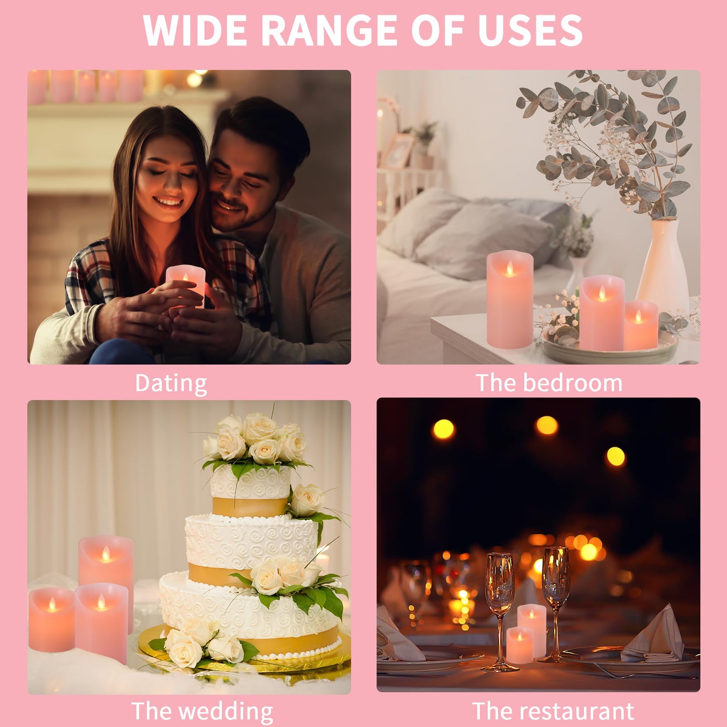 Flameless LED Battery Operated Flickering Candles: 4" 5" 6" Set of 3 Pink Real Wax Pillar Dancing Flame 10-Key Remote Control Candle Lights 300Hours