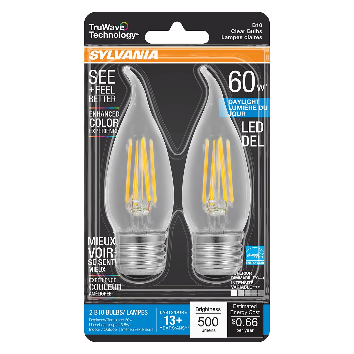 Sylvania LED TruWave Natural Series Candelabra Light Bulb, 60W Daylight Medium Base, Dimmable, Clear, Candle Tip - 2 Pack