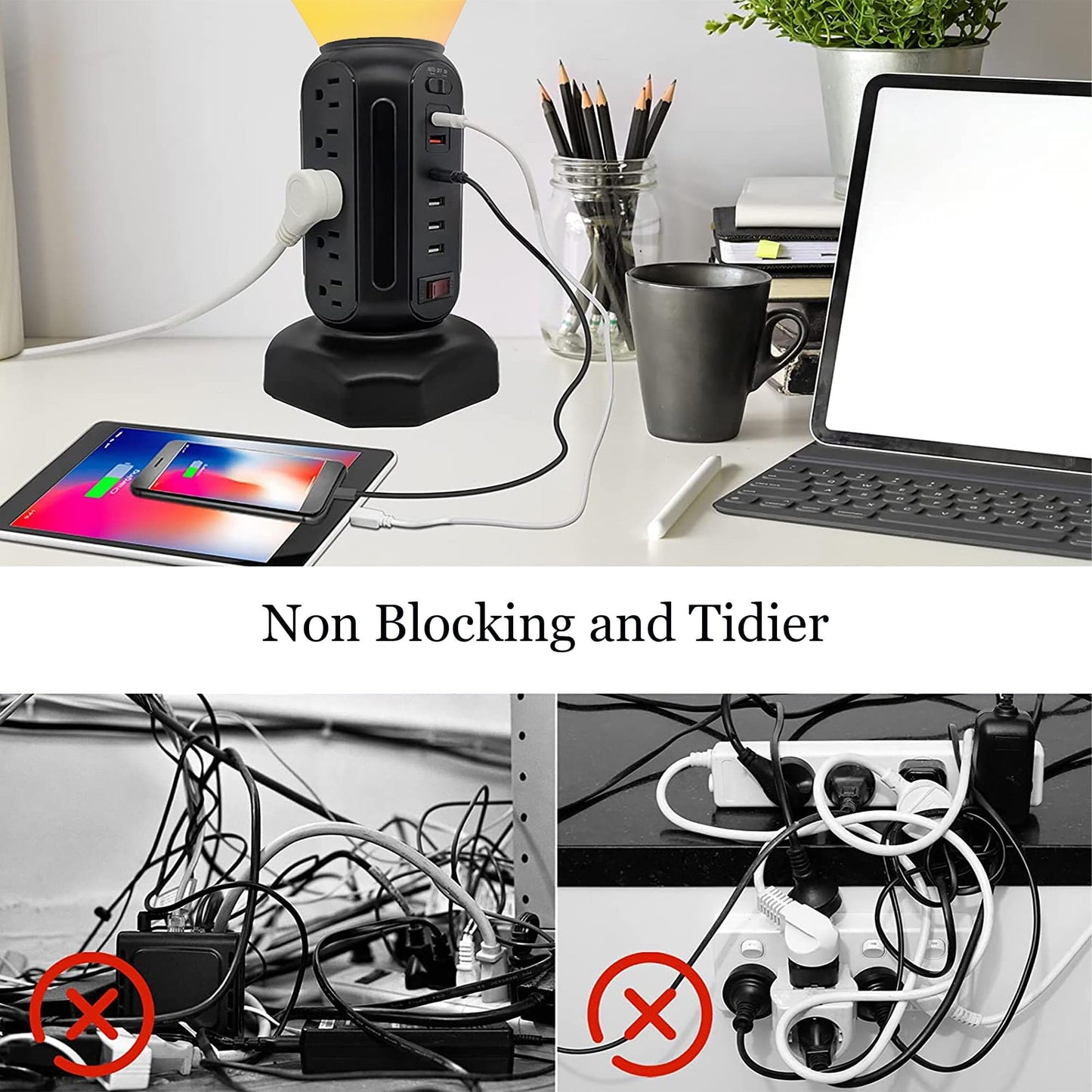 Power Strip Tower 15 Outlets 6 USB Ports, Surge Protector with Colorful Led Light & USB Fast Charge,Desktop Charging Station with 6.5ft Heavy Duty