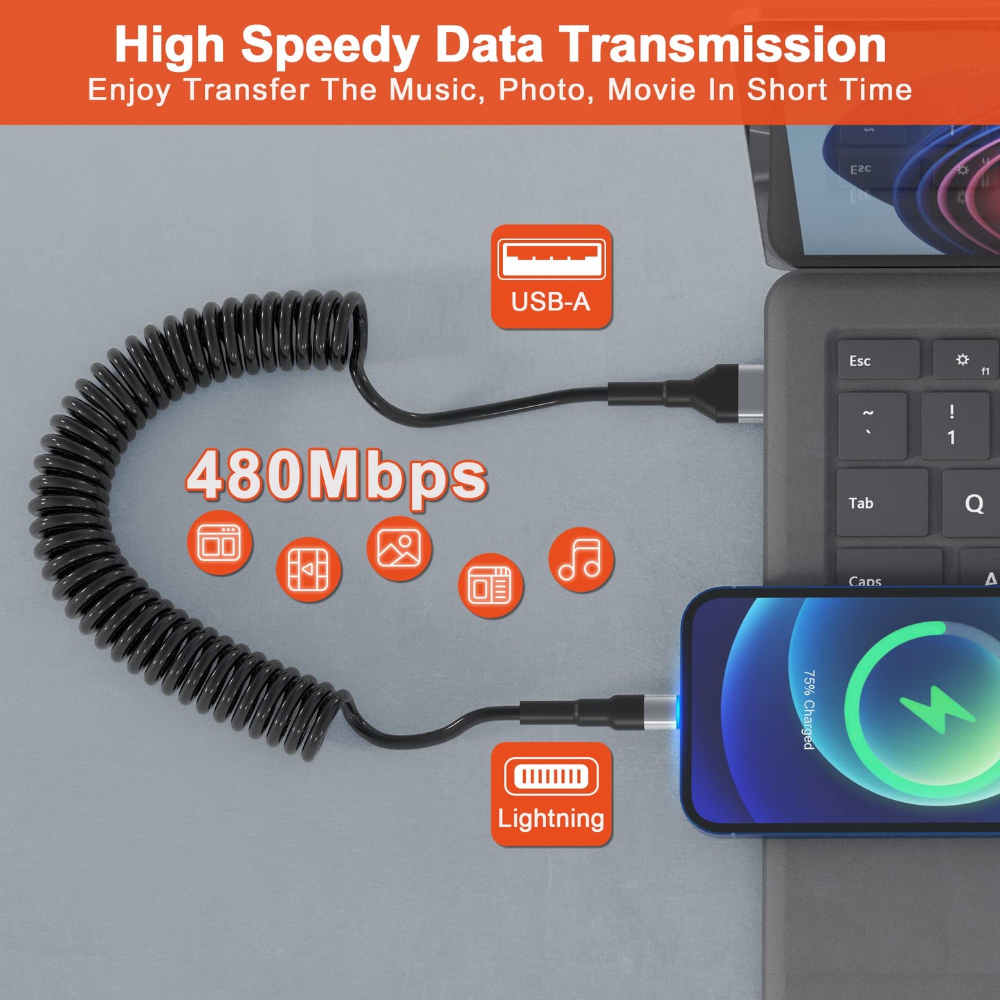 Coiled Lightning Cable Apple Carplay Compatible [Apple MFi Certified] Short USB to Lightning Apple Carplay Cable with Data Sync and LED, Retractable…