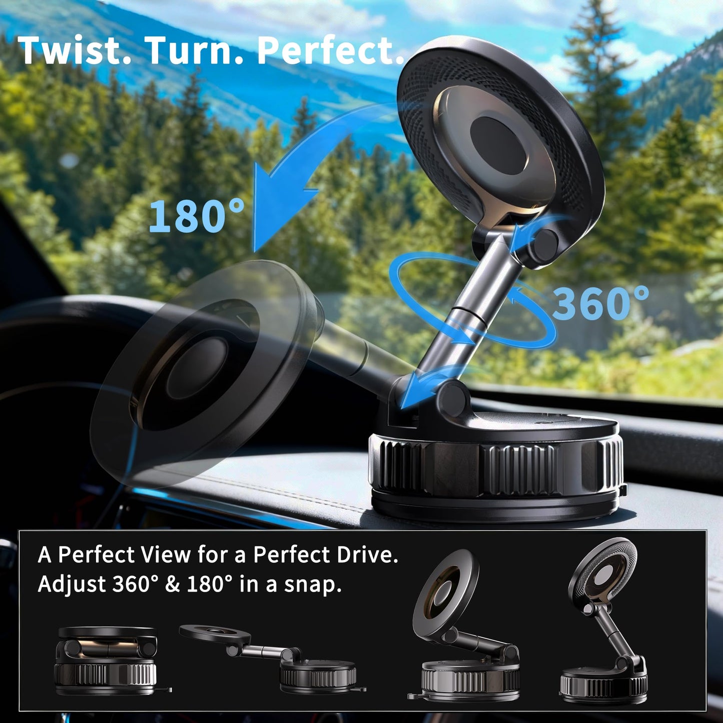 RayLink for MagSafe Car Phone Holder [120LB Suction & 2800gf Magnet] 360° Adjustable for Magnetic Phone Mount Compatible for iPhone 17/16/15/14/13/12