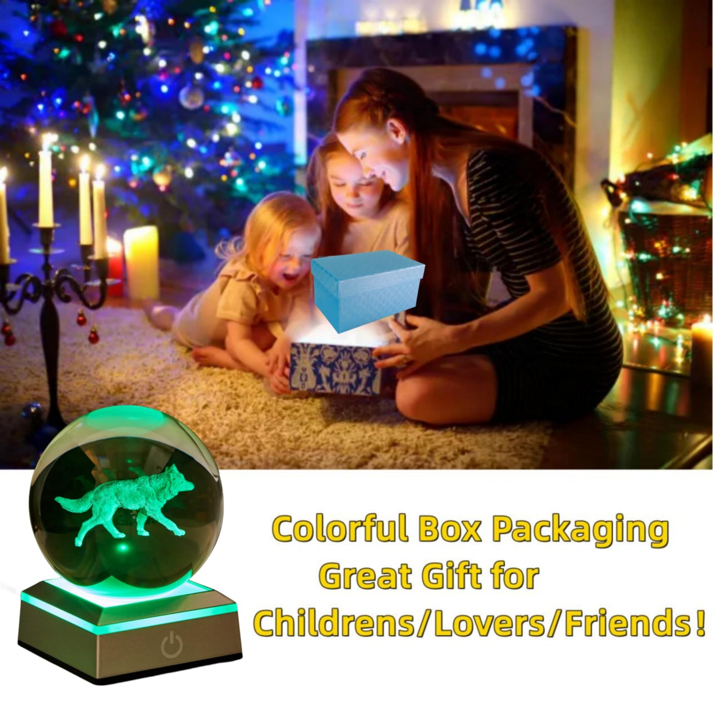 3D Crystal Ball Night Light with LED Base - 3.15 Inch Glass Ball Wolf Lamp, Perfect for Birthday, Holiday, Xmas Gifts for Boys, Girls, Friends