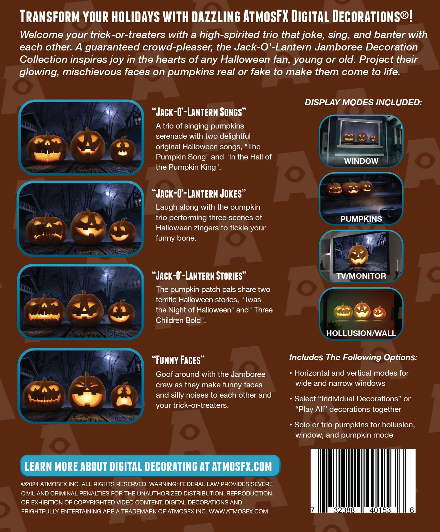 HoliScapes® USB Projector Kit - AtmosFX Jack-O-Lantern Jamboree USB + Projector + 48" x 72" Large White Holographic Screen for Halloween Projection