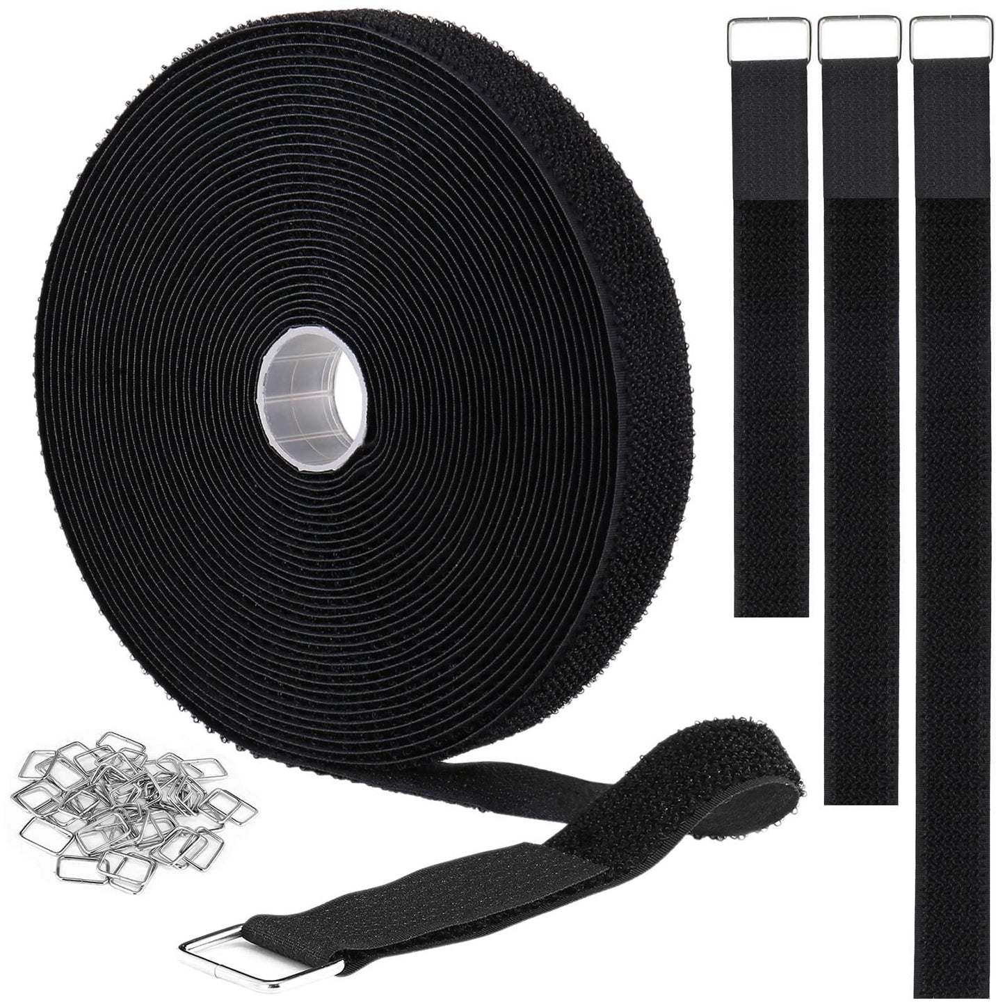YMCRLUX 1"x32ft Hook and Loop Straps with 50 Metal Buckles, Adjustable Fastening Cable Straps, Cut-to-Length Cinch Strap, Reusable Nylon Securing Cord
