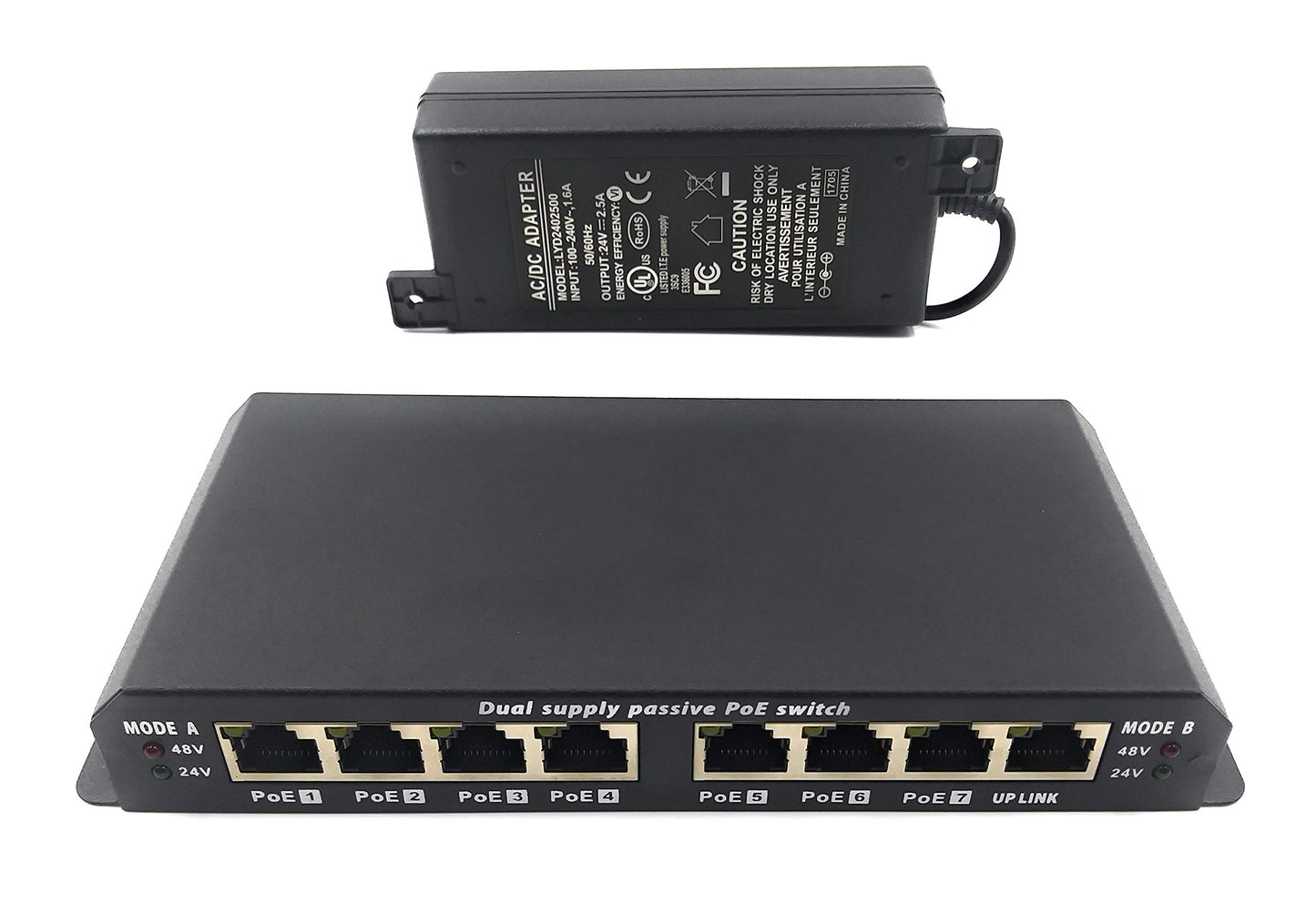 PoE Texas 8 Port PoE Switch with 24V 60W Power Supply and Passive PoE on 7 Ports for Ubiquiti and OpenMesh