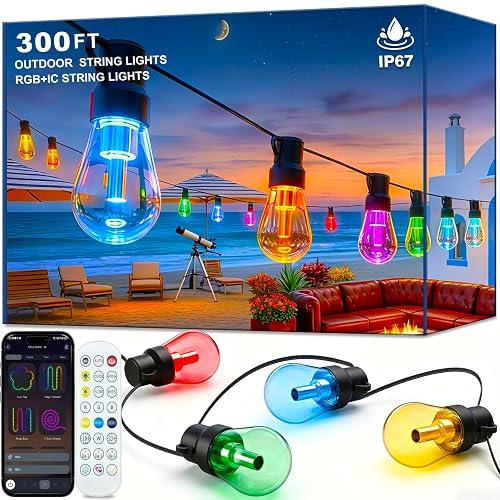 300FT RGB+IC Outdoor String Lights, Dimmable Shatterproof LED Bulbs, IP67 Waterproof DreamColor Chasing Lights, Multicolor Dynamic Lighting for Patio