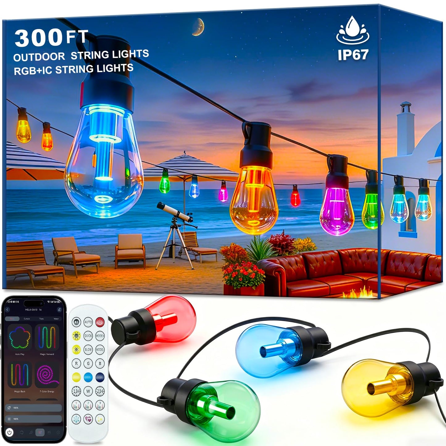 300FT RGB+IC Outdoor String Lights, Dimmable Shatterproof LED Bulbs, IP67 Waterproof DreamColor Chasing Lights, Multicolor Dynamic Lighting for Patio