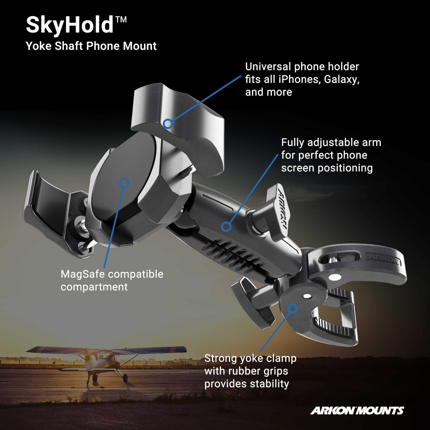 ARKON Mounts SkyHold Yoke Clamp Phone Mount for Airplanes | Universal Phone Fit | Solid C-Clamp | Designed for Aviation | Compatible with Apple